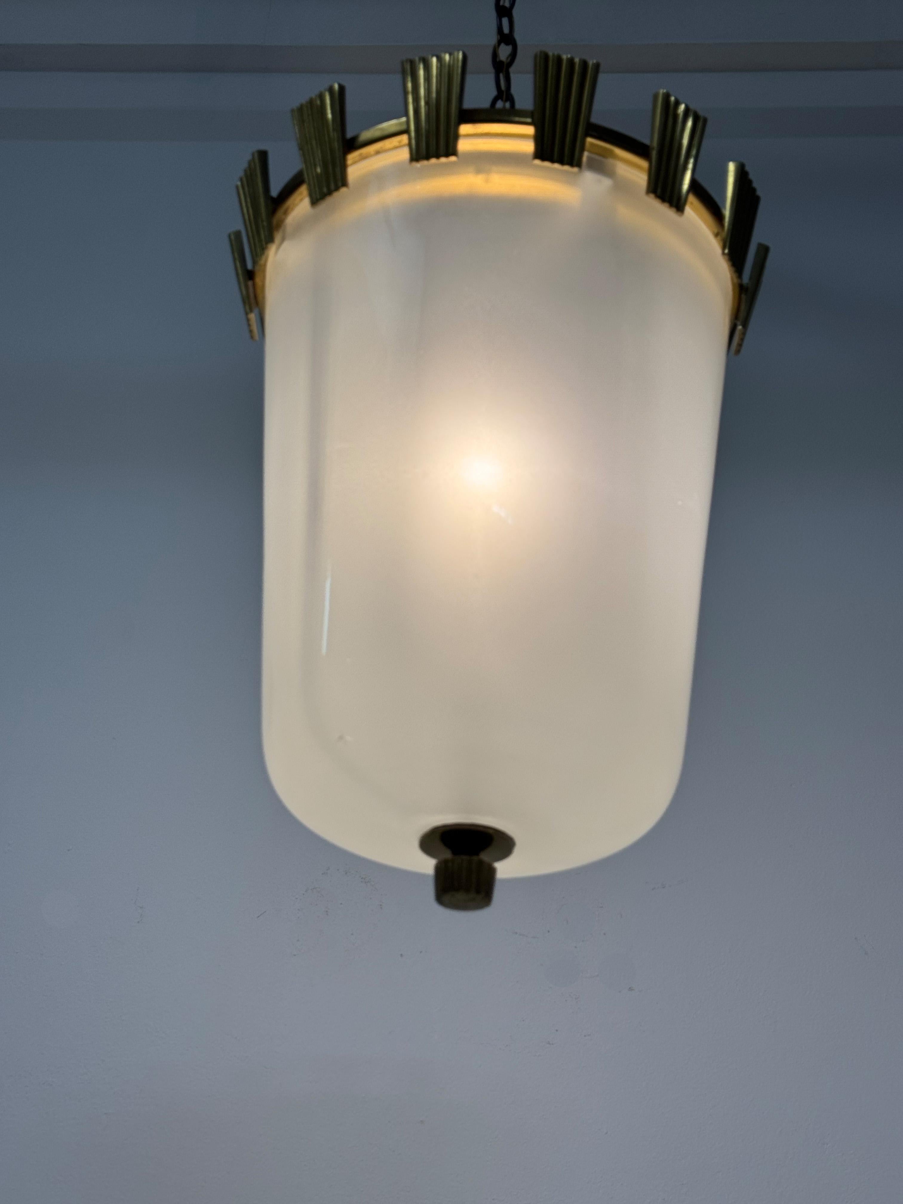 Large Brass and Opaline Glass Pendant Lamp by Oswald Haerdtl For Sale 11