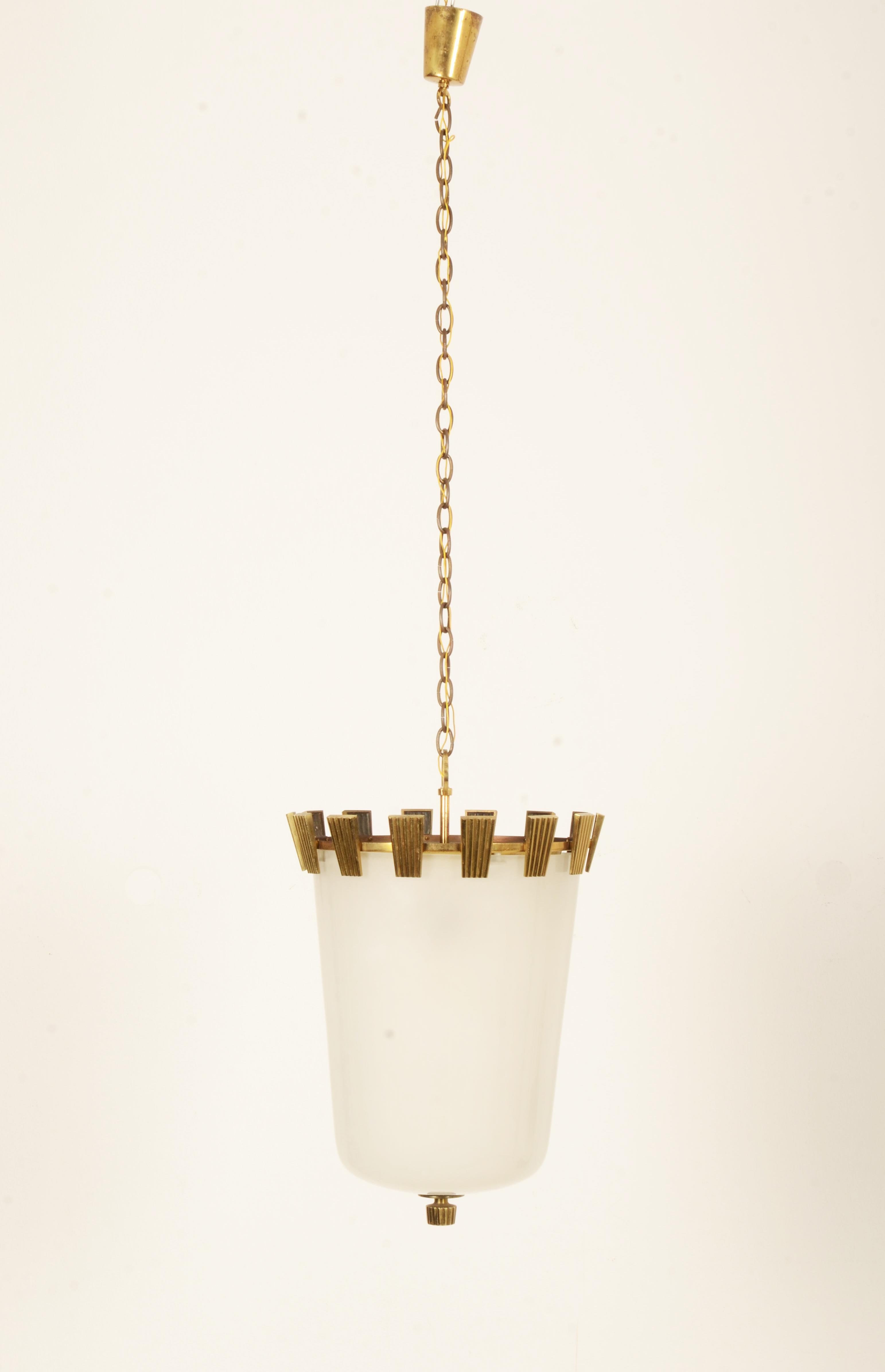 Mid-Century Modern Large Brass and Opaline Glass Pendant Lamp by Oswald Haerdtl For Sale