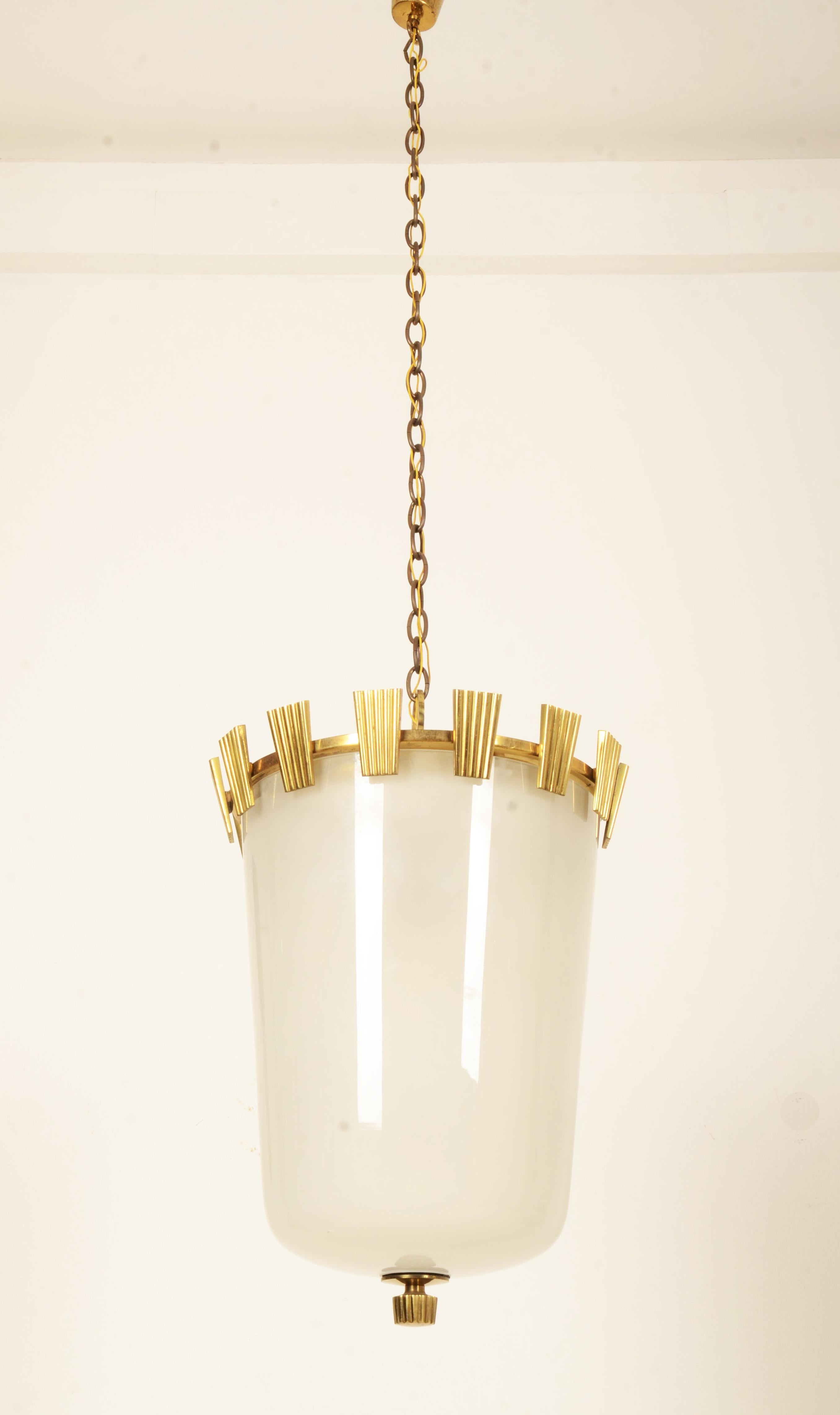 Large Brass and Opaline Glass Pendant Lamp by Oswald Haerdtl In Fair Condition For Sale In Vienna, AT