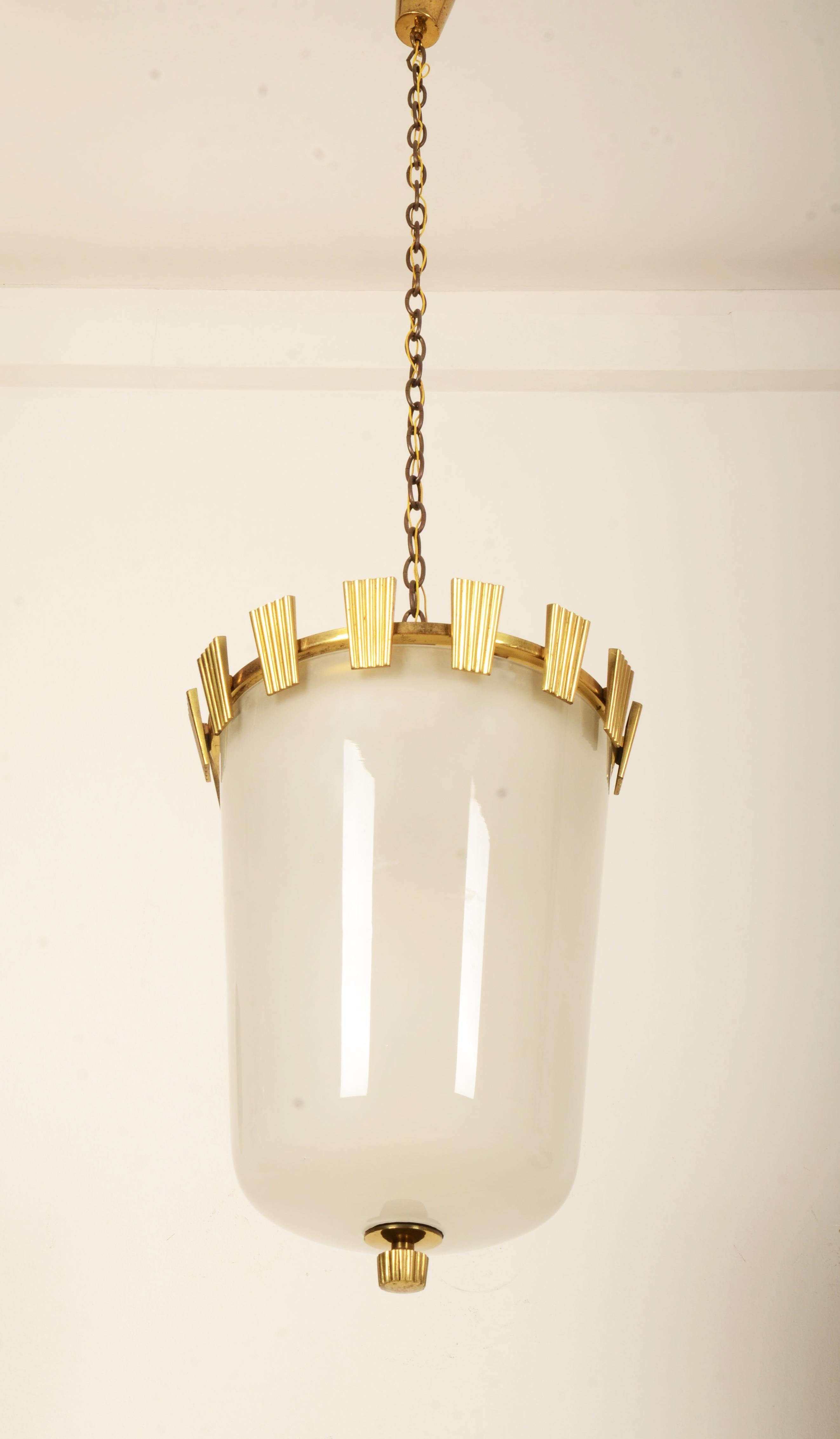 Mid-20th Century Large Brass and Opaline Glass Pendant Lamp by Oswald Haerdtl For Sale