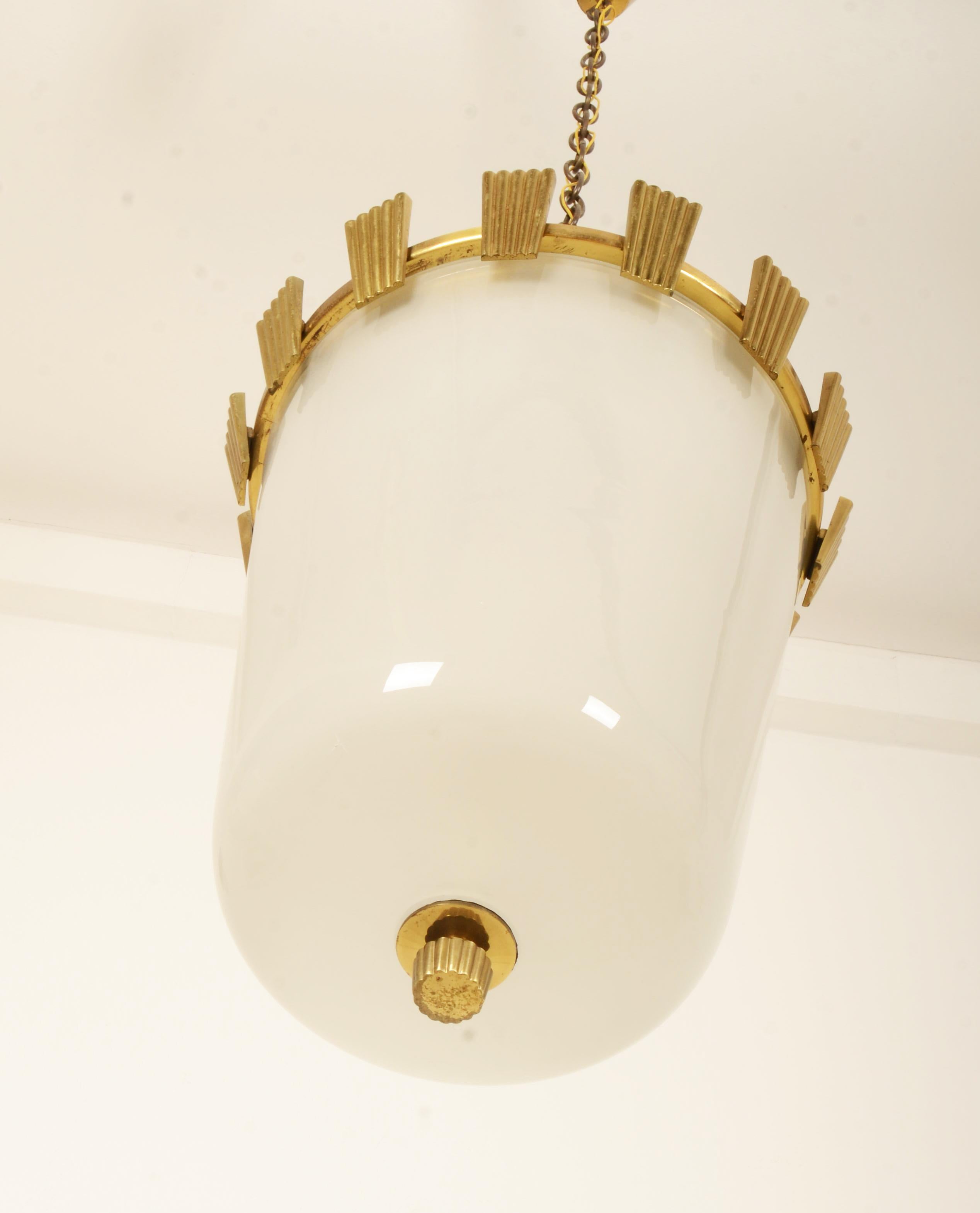 Large Brass and Opaline Glass Pendant Lamp by Oswald Haerdtl For Sale 1