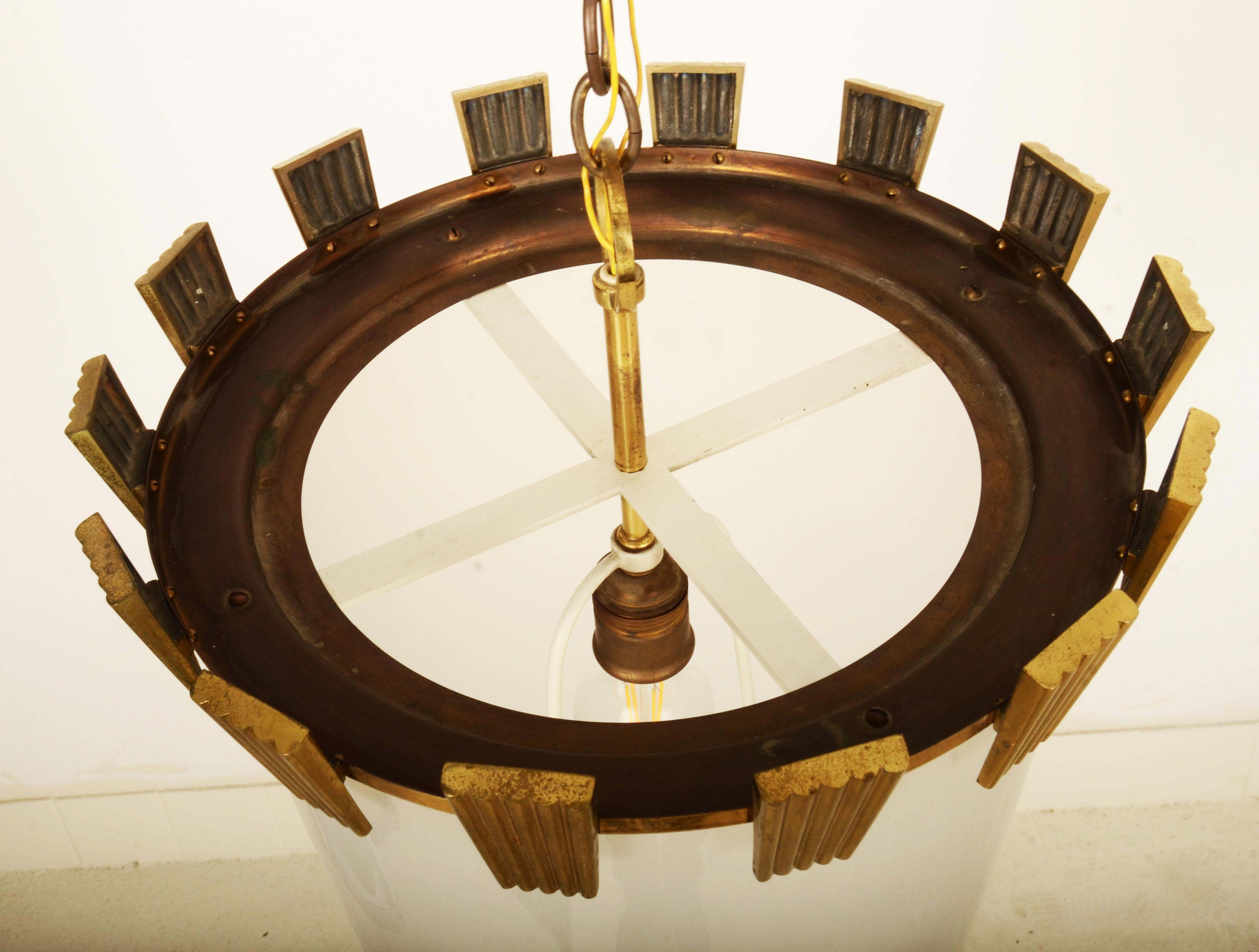 Large Brass and Opaline Glass Pendant Lamp by Oswald Haerdtl For Sale 2
