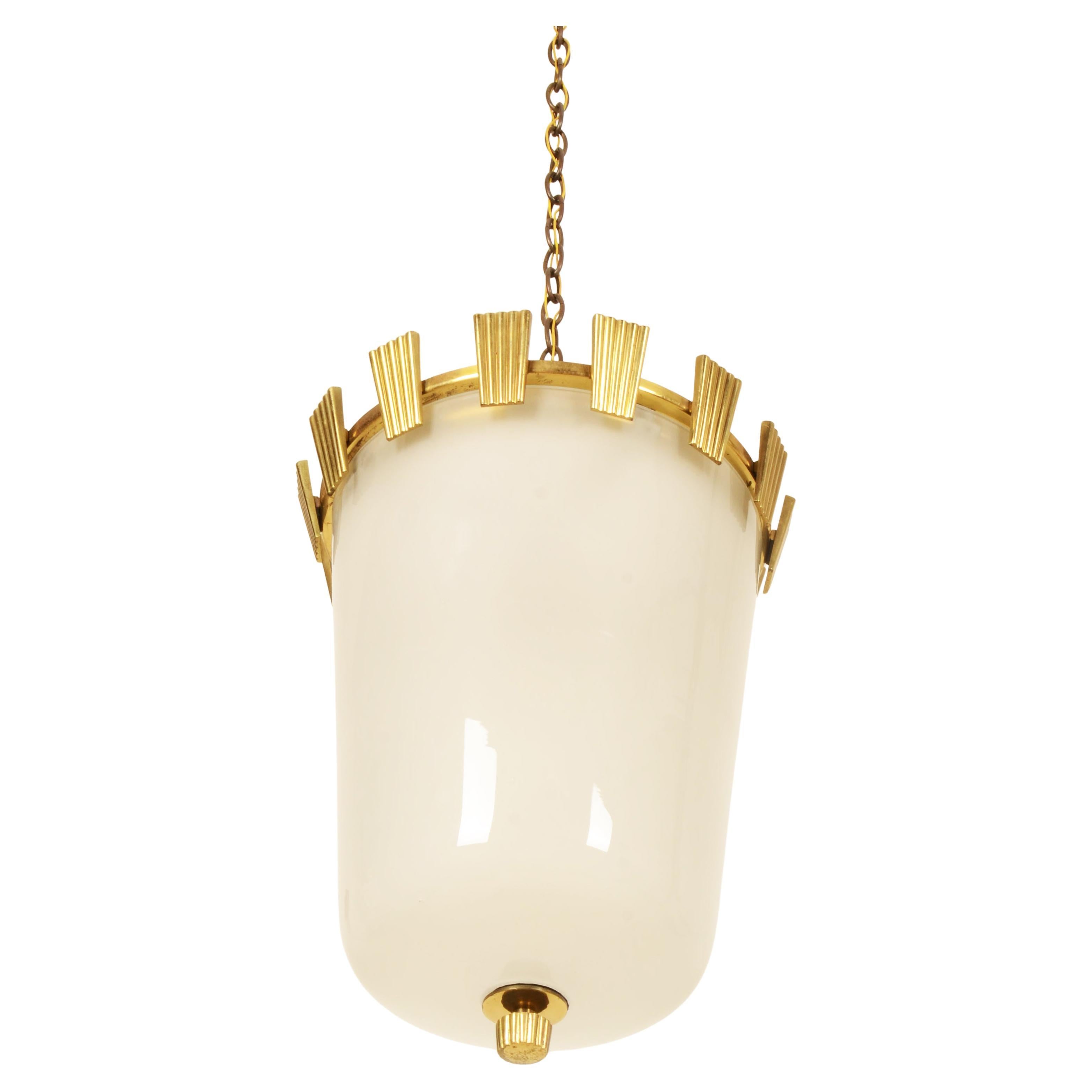 Large Brass and Opaline Glass Pendant Lamp by Oswald Haerdtl For Sale