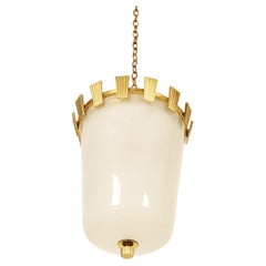 Large Brass and Opaline Glass Pendant Lamp by Oswald Haerdtl
