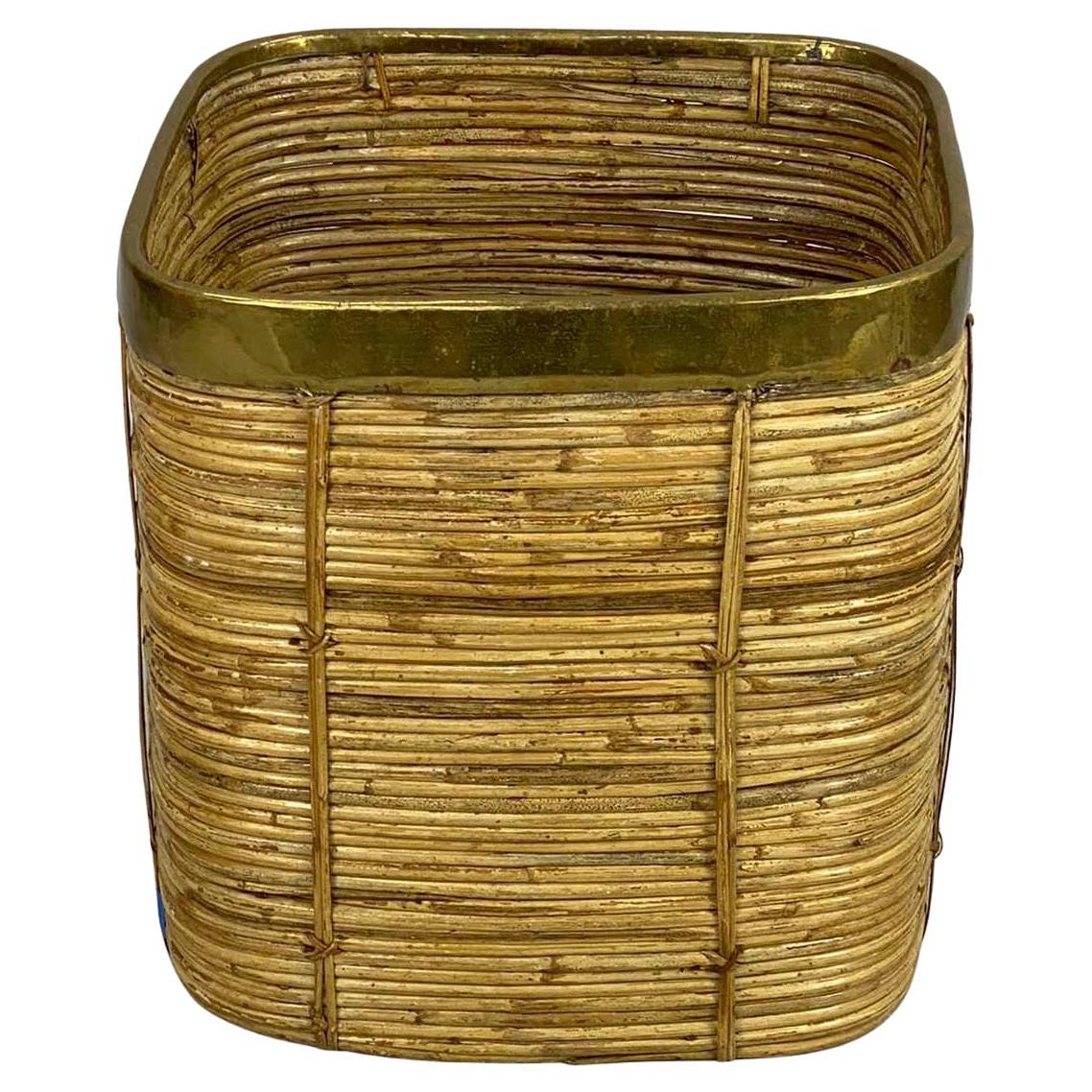 Cesto quadrato grande in ottone e rattan a matita