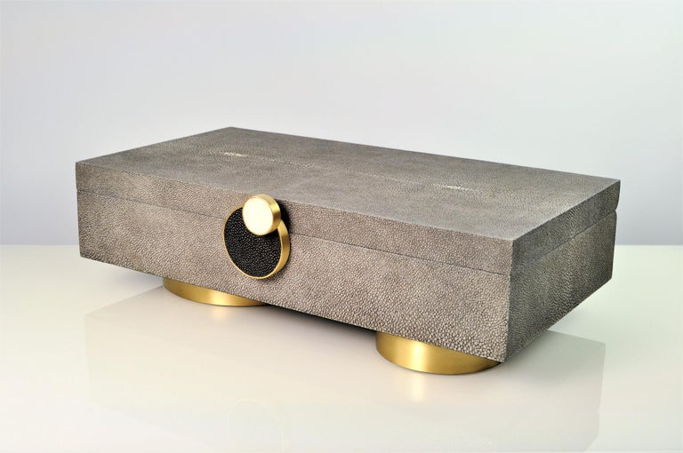 Brushed Large Brass and Shagreen Box Circle by Ginger Brown For Sale