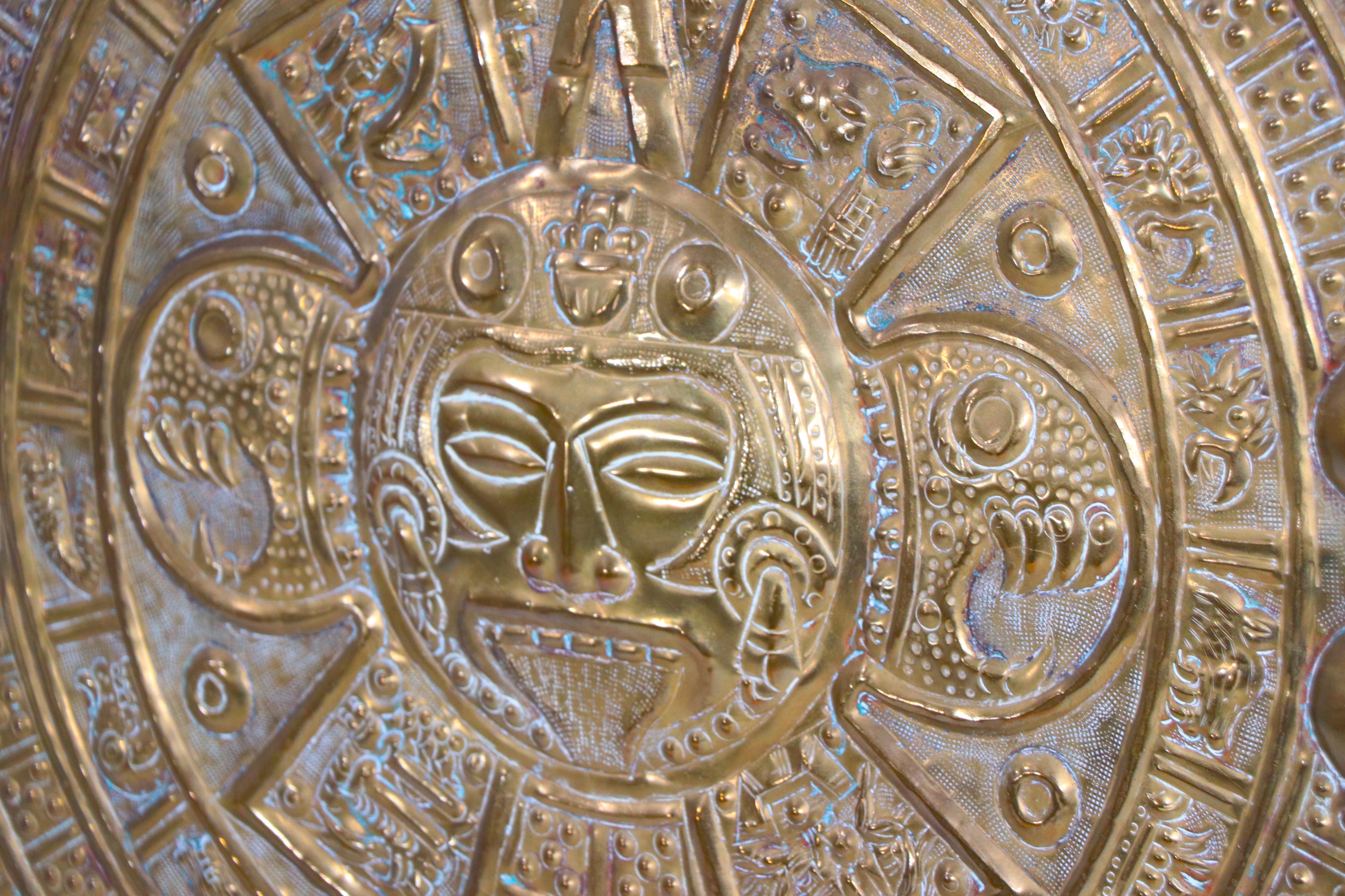 Repoussé Large Brass Aztec Style Calendar