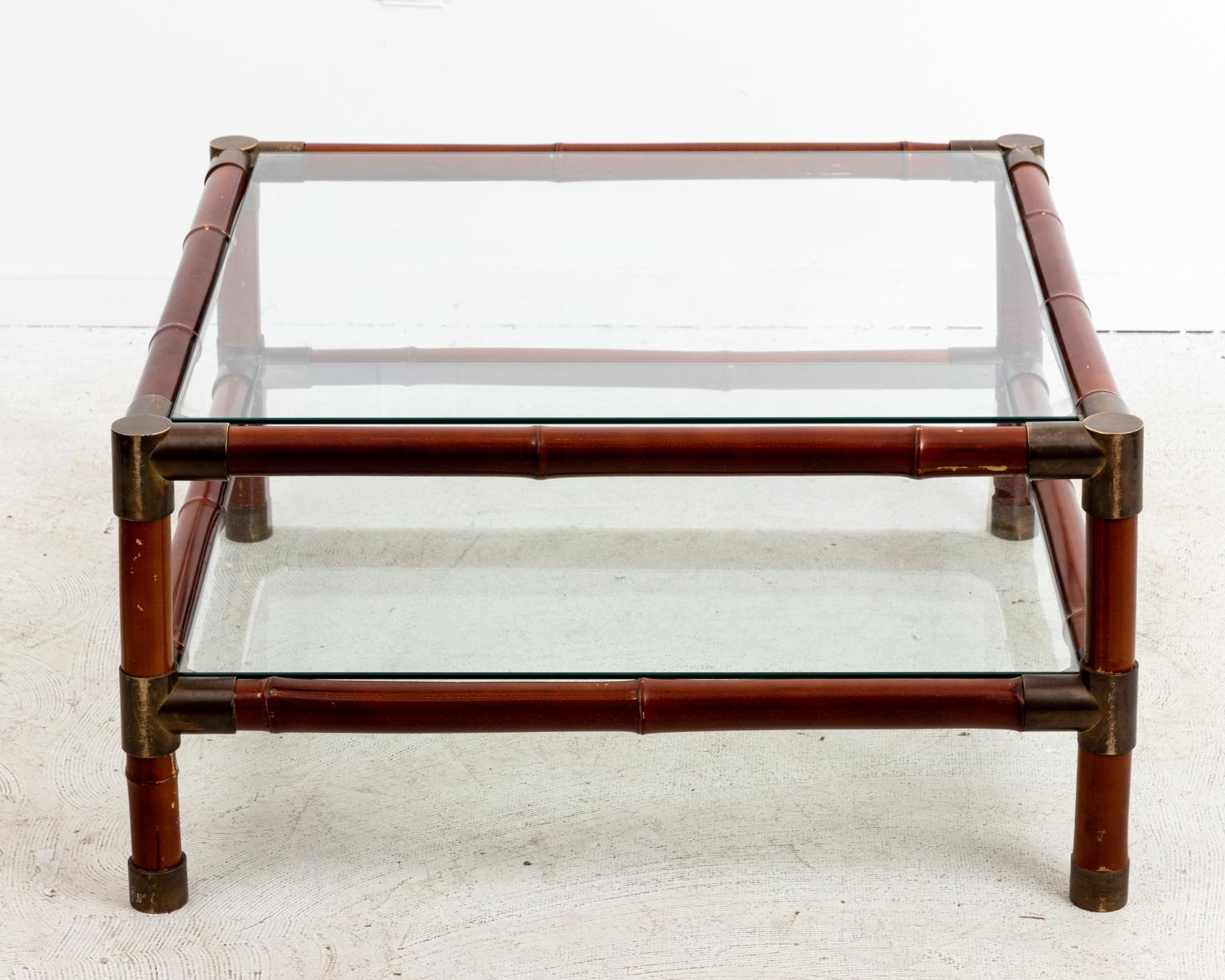 Mid-Century Modern Large Brass Banded Two Tier Square Coffee Table by Willy Rizzo For Sale