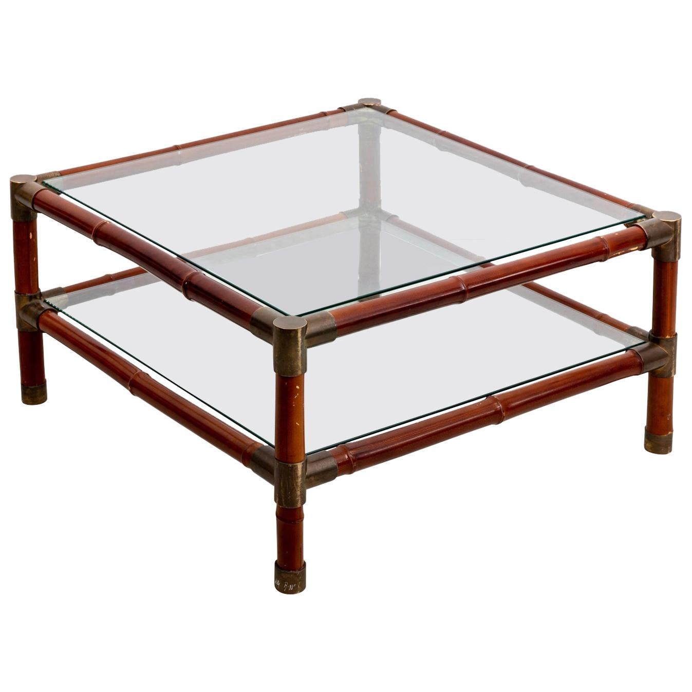 Large Brass Banded Two Tier Square Coffee Table by Willy Rizzo