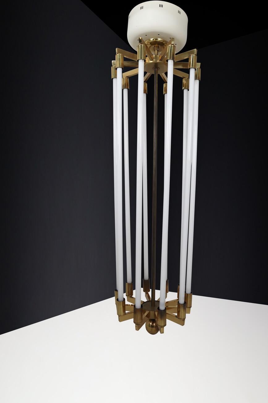 Large Brass Bauhaus Chandelier by Kaiser & Co., Germany, Circa 1940s In Good Condition For Sale In Almelo, NL