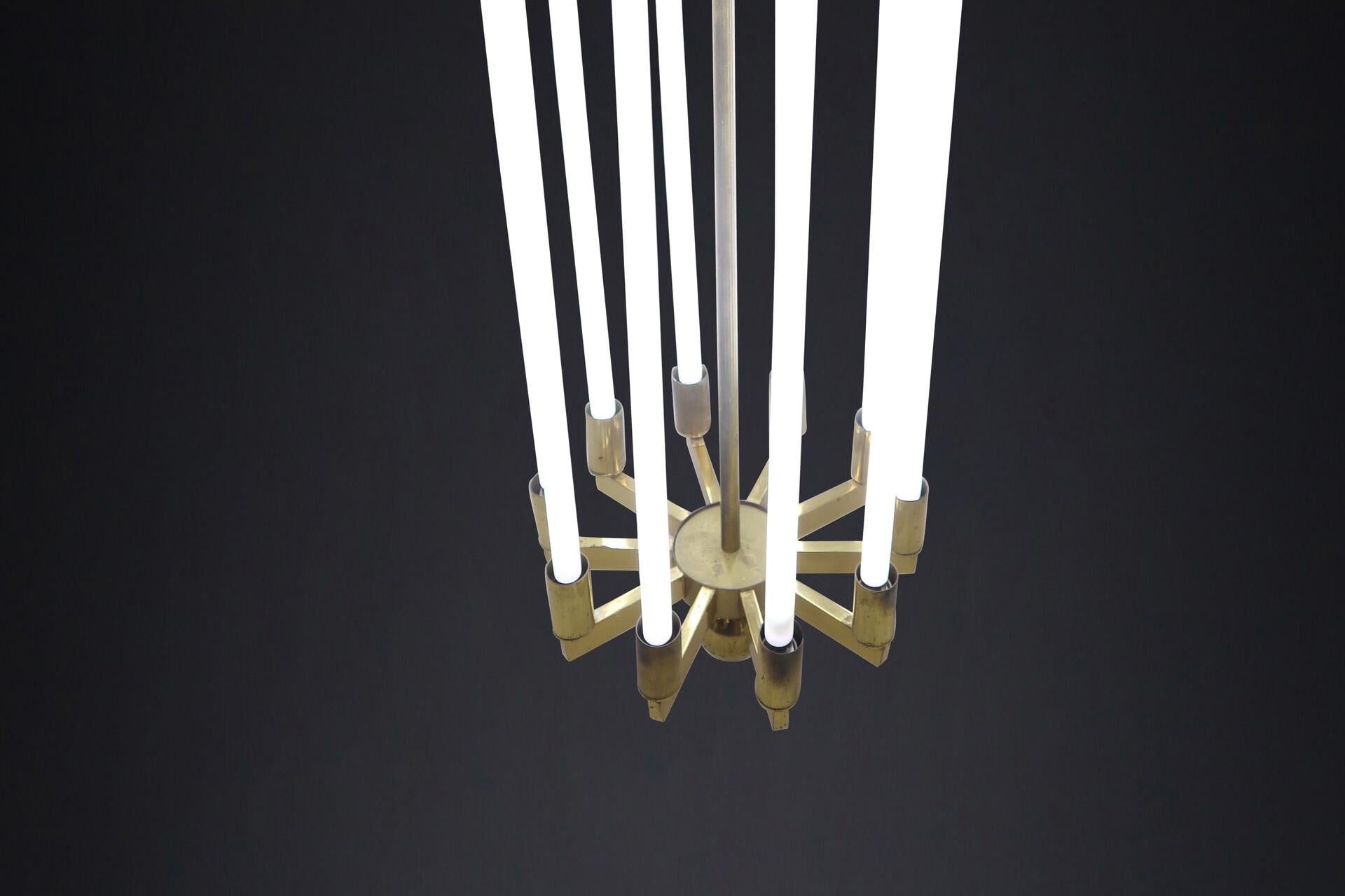 20th Century Large Brass Bauhaus Chandelier by Kaiser & Co., Germany, Circa 1940s For Sale