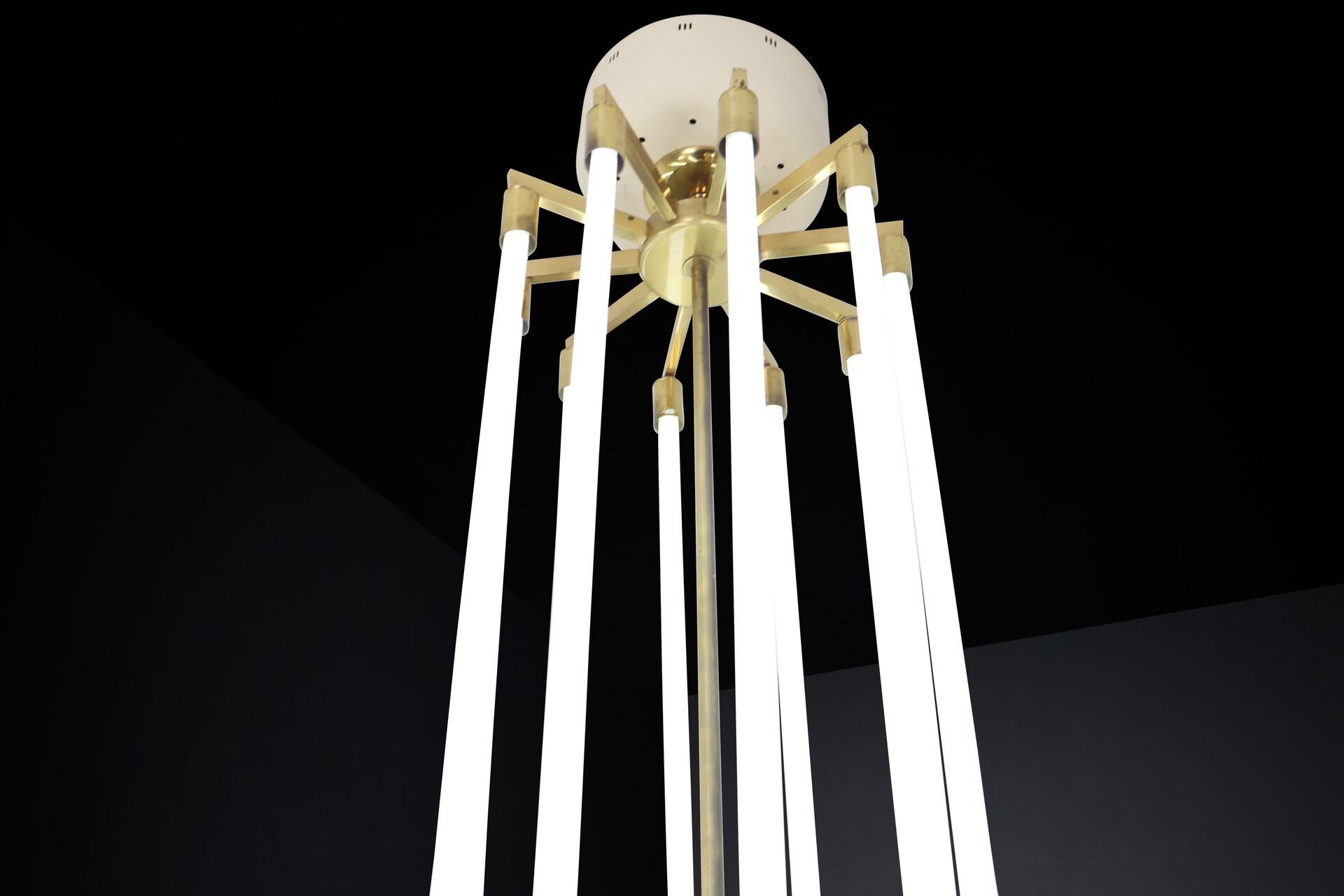 Metal Large Brass Bauhaus Chandelier by Kaiser & Co., Germany, Circa 1940s For Sale