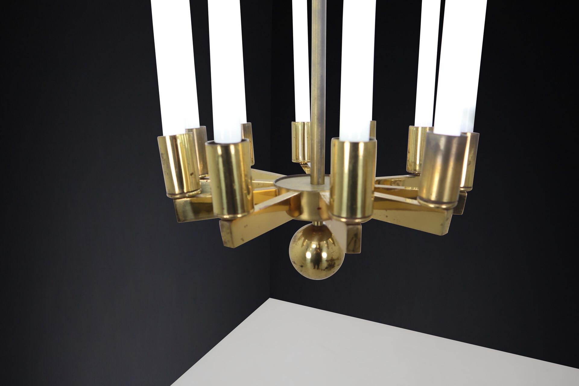 Large Brass Bauhaus Chandelier by Kaiser & Co., Germany, Circa 1940s For Sale 1