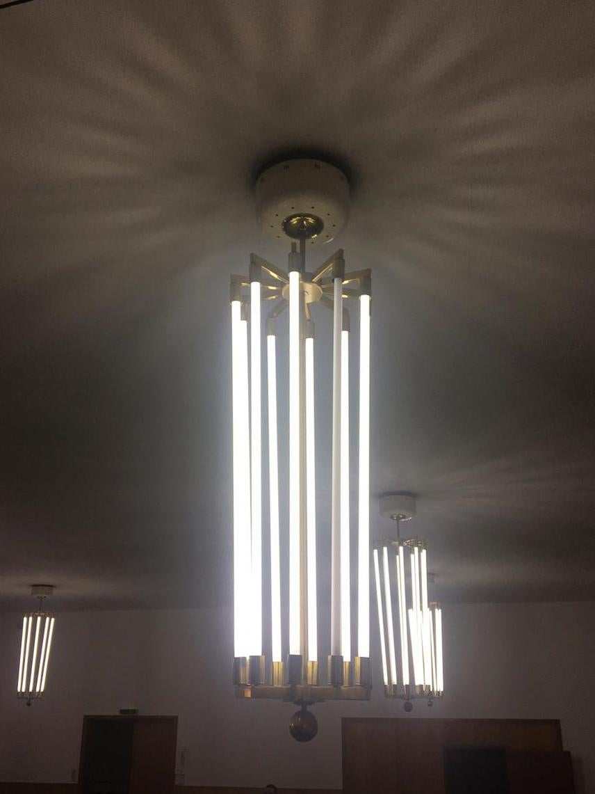 Large Brass Bauhaus Chandelier by Kaiser & Co., Germany, Circa 1940s For Sale 3