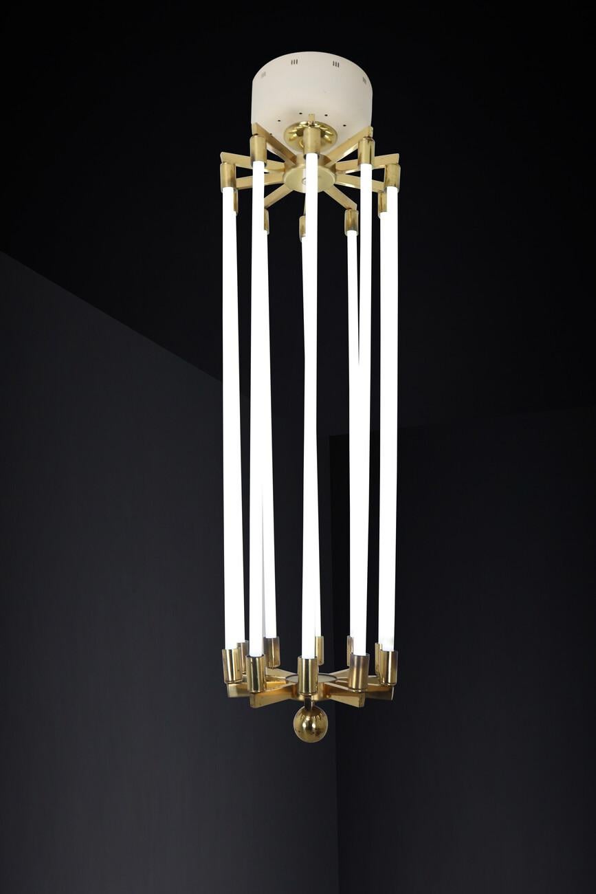 Large Brass Bauhaus Chandelier by Kaiser & Co., Germany, Circa 1940s For Sale 4