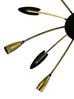 Large Brass & Black Stilnovo Style Sputnik Flush Mount Vintage Midcentury, 1950s
