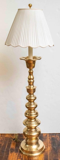 Large Brass Bulbous Floor Lamp with White Pleated Lamp Shade