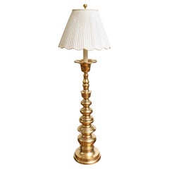 Large Brass Bulbous Floor Lamp with White Pleated Lamp Shade