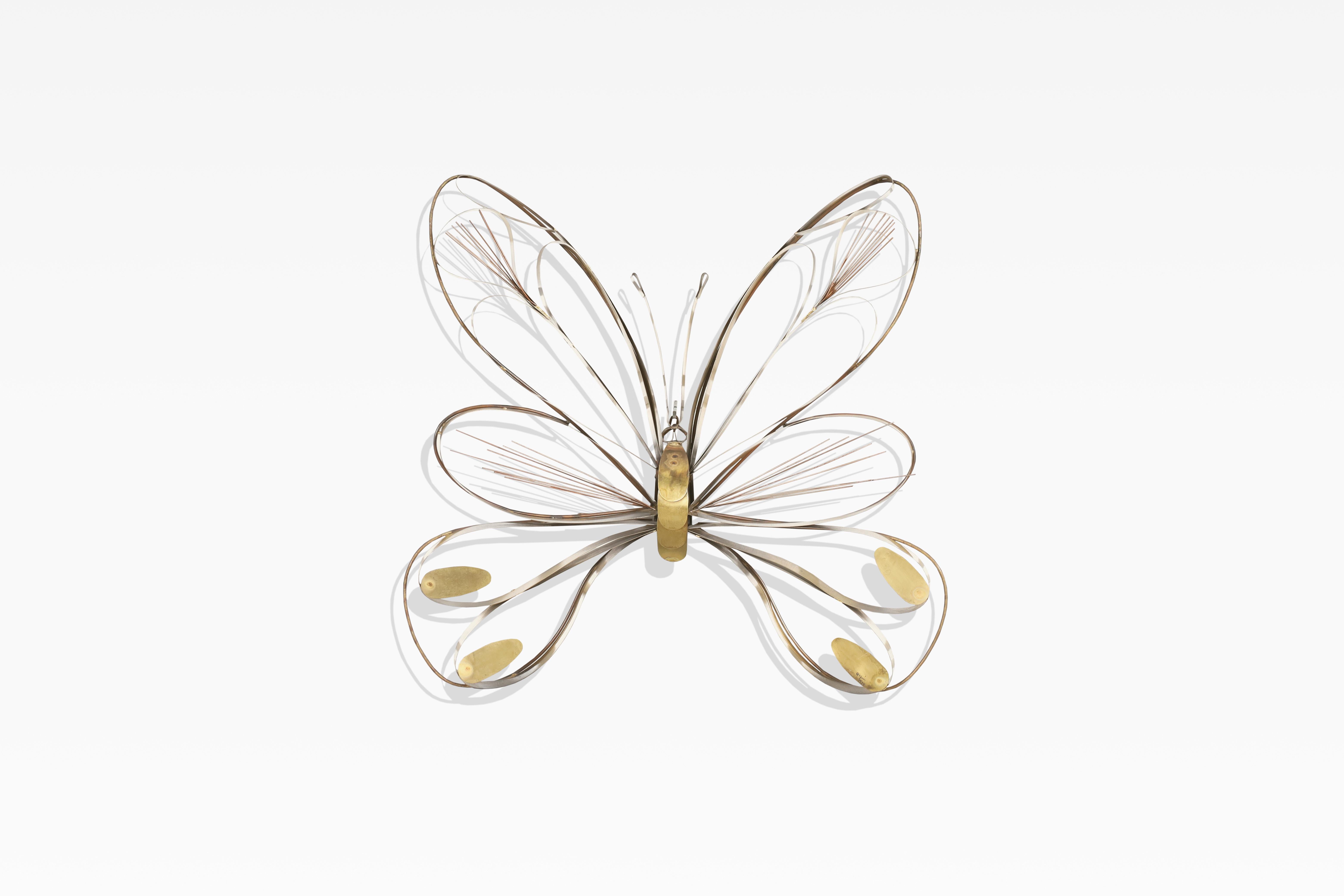 Mid-Century Modern Large Brass Butterfly Wall Sculpture by Curtis Jere, Signed