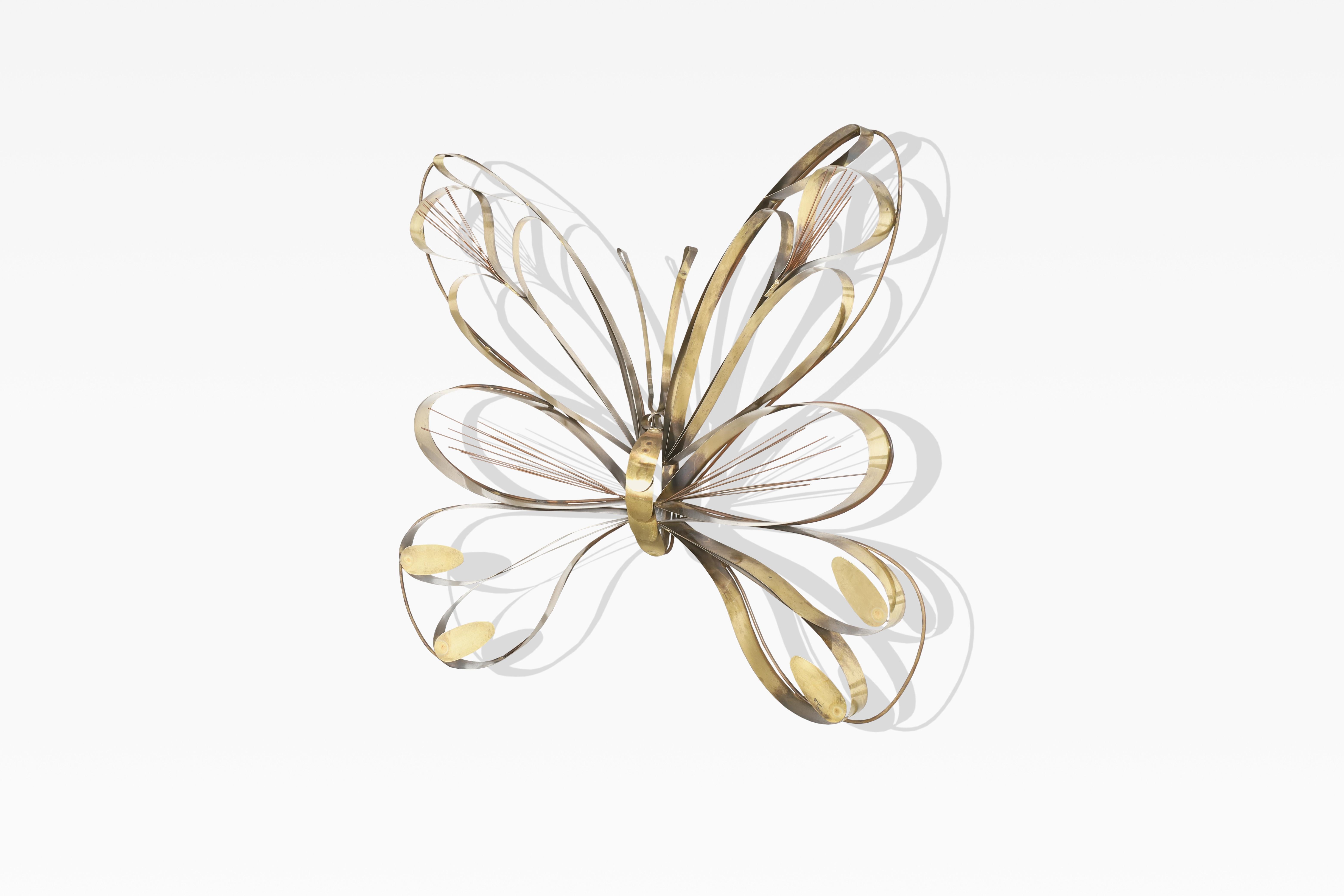 Metal Large Brass Butterfly Wall Sculpture by Curtis Jere, Signed