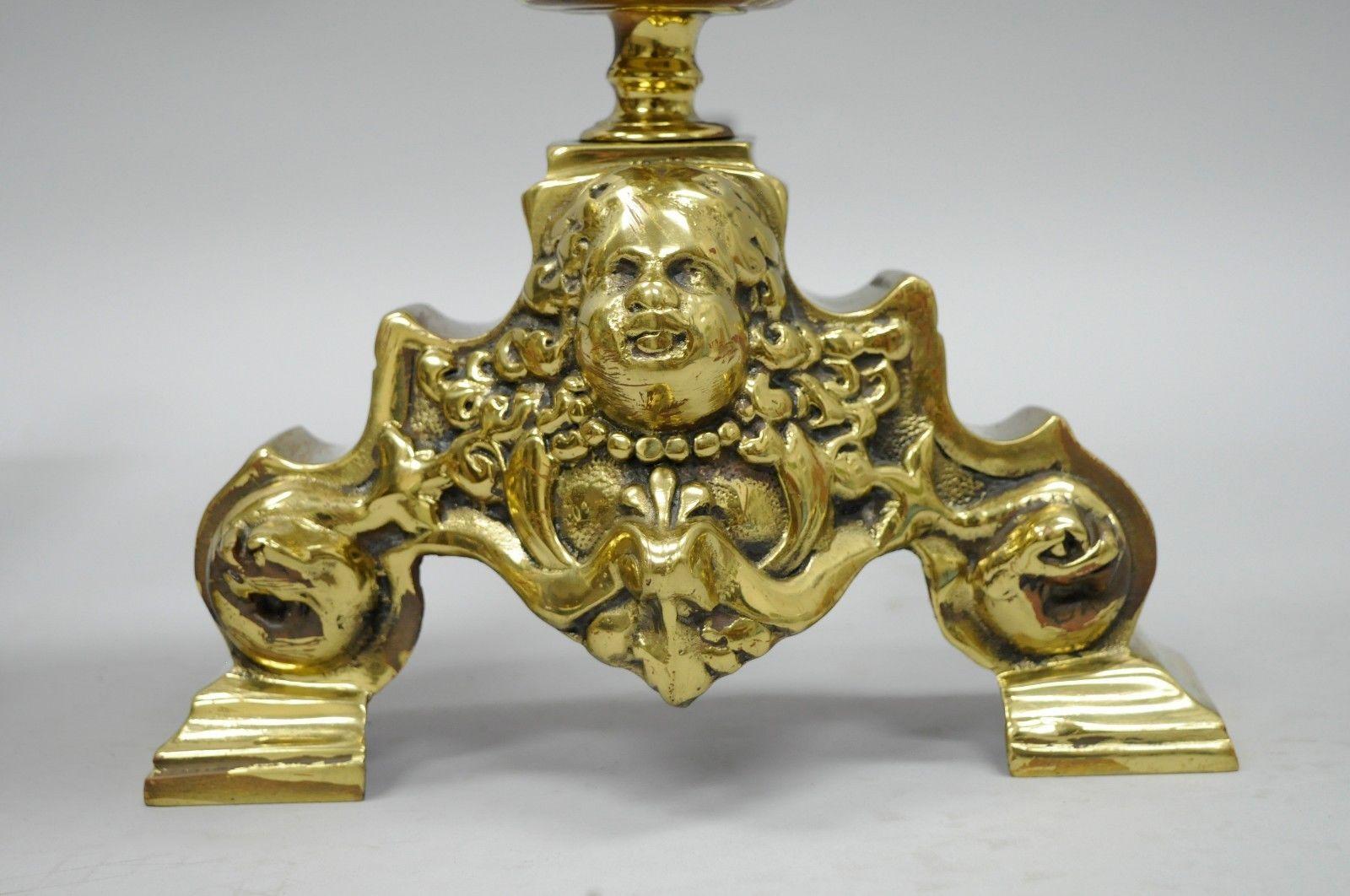 Large Brass Cannonball Andirons French Empire Style Putty Cherub Angel Baby Face For Sale 2