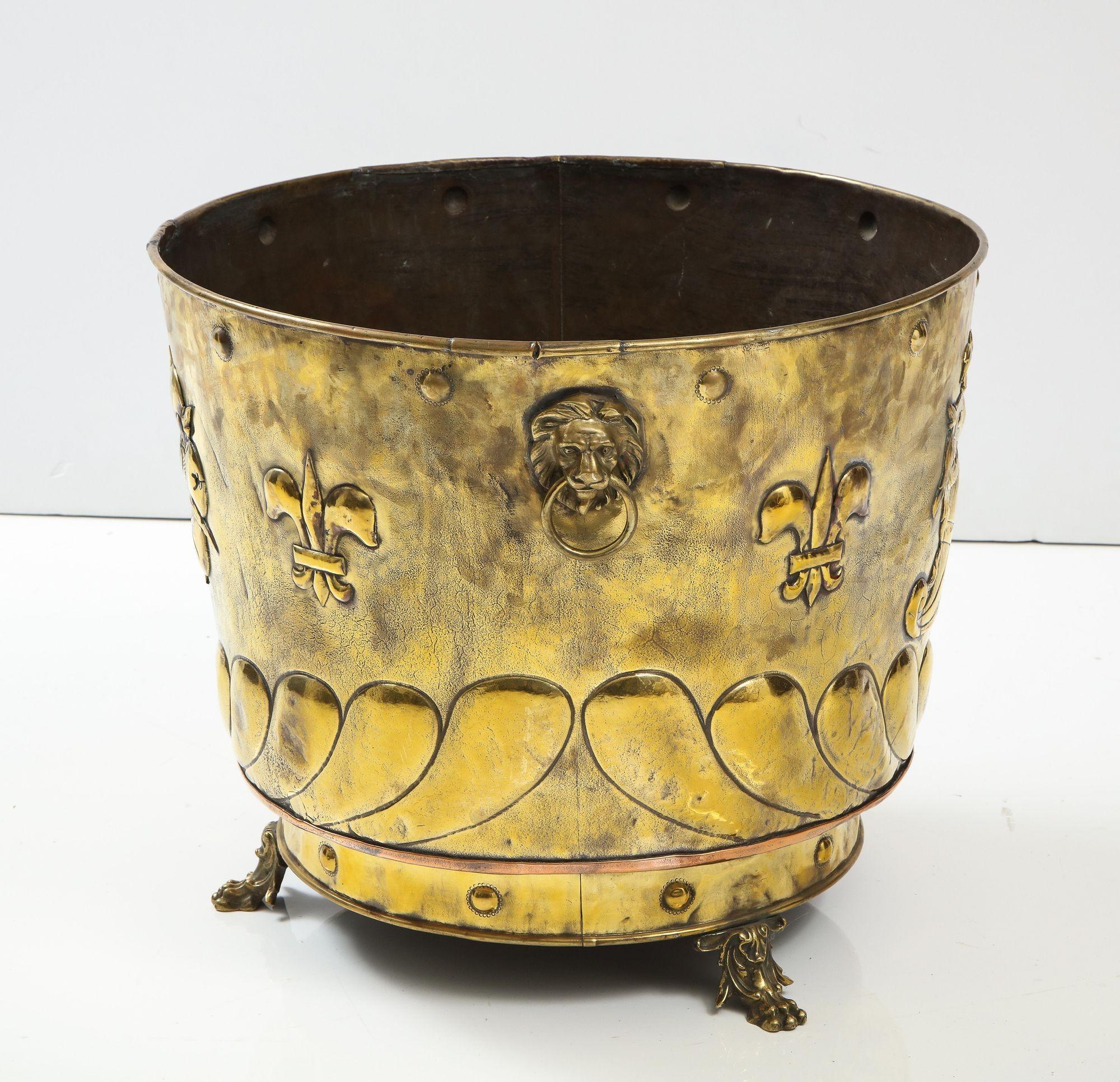 Repoussé Large Brass Cauldron with Coat of Arms