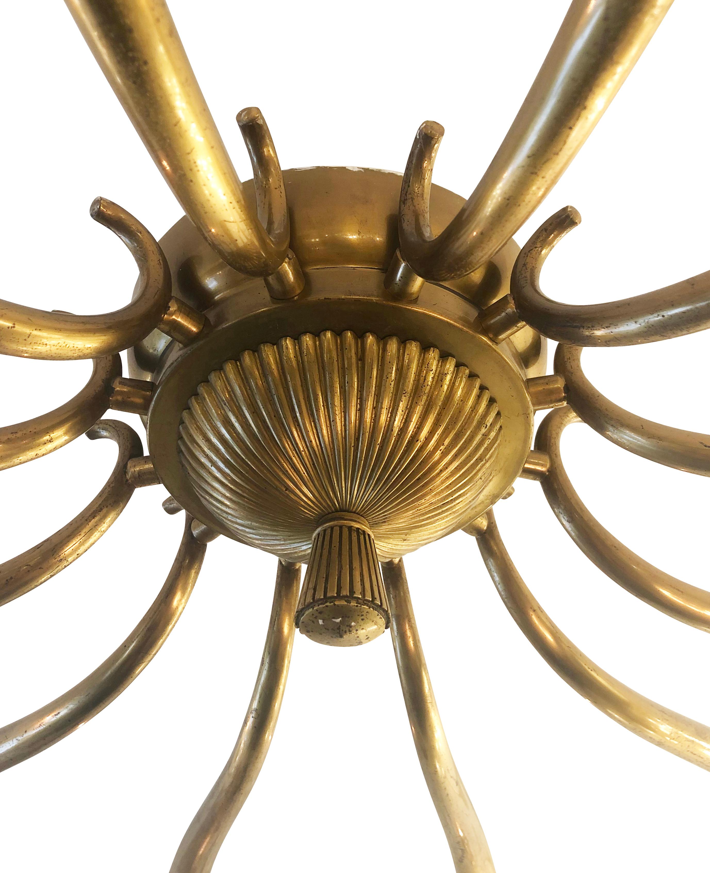 Italian Large Brass Chandelier Attributed to Guglielmo Ulrich