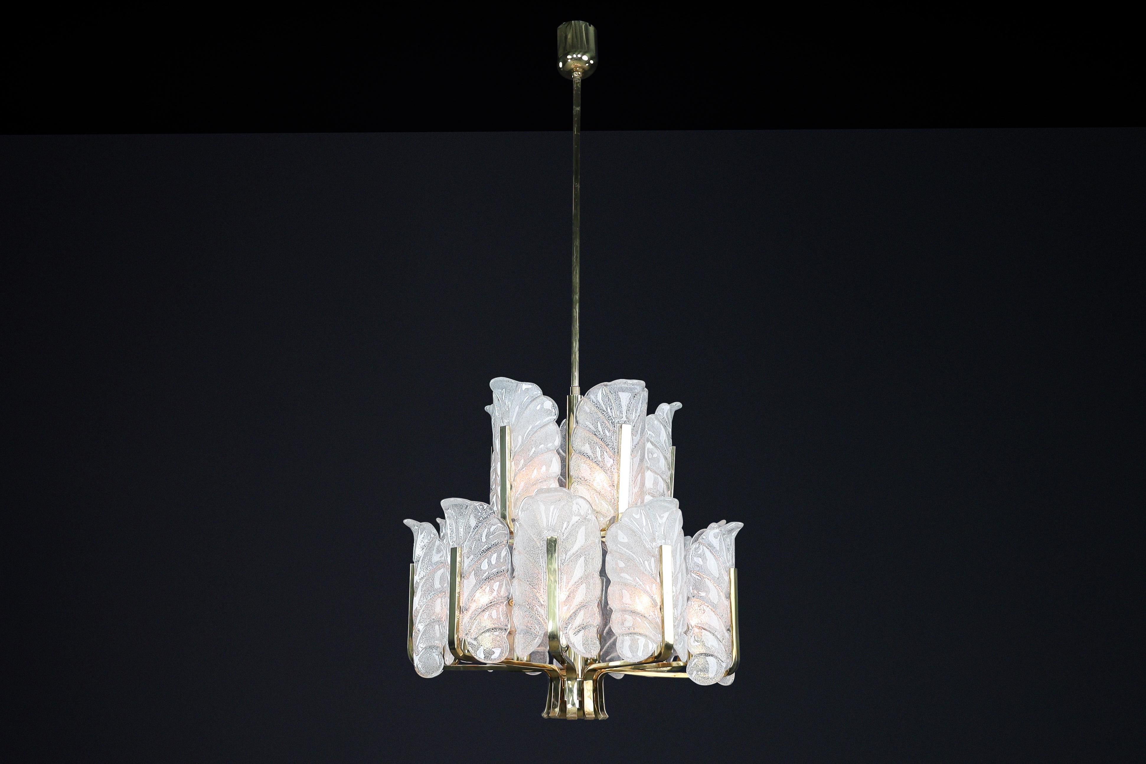 Mid-Century Modern Large Brass Chandelier by Carl Fagerlund for Orrefors, Sweden, 1960s For Sale