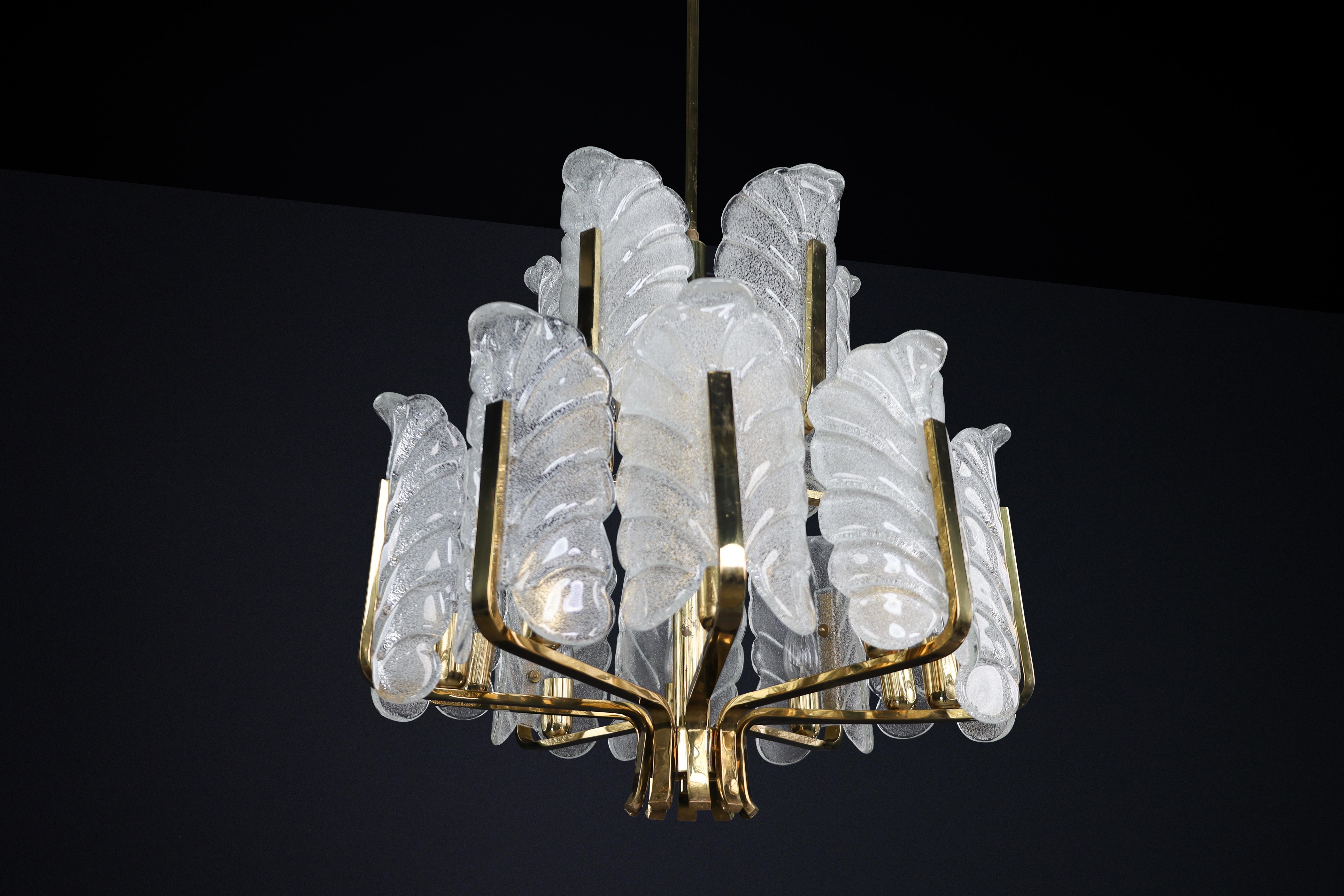 Swedish Large Brass Chandelier by Carl Fagerlund for Orrefors, Sweden, 1960s For Sale