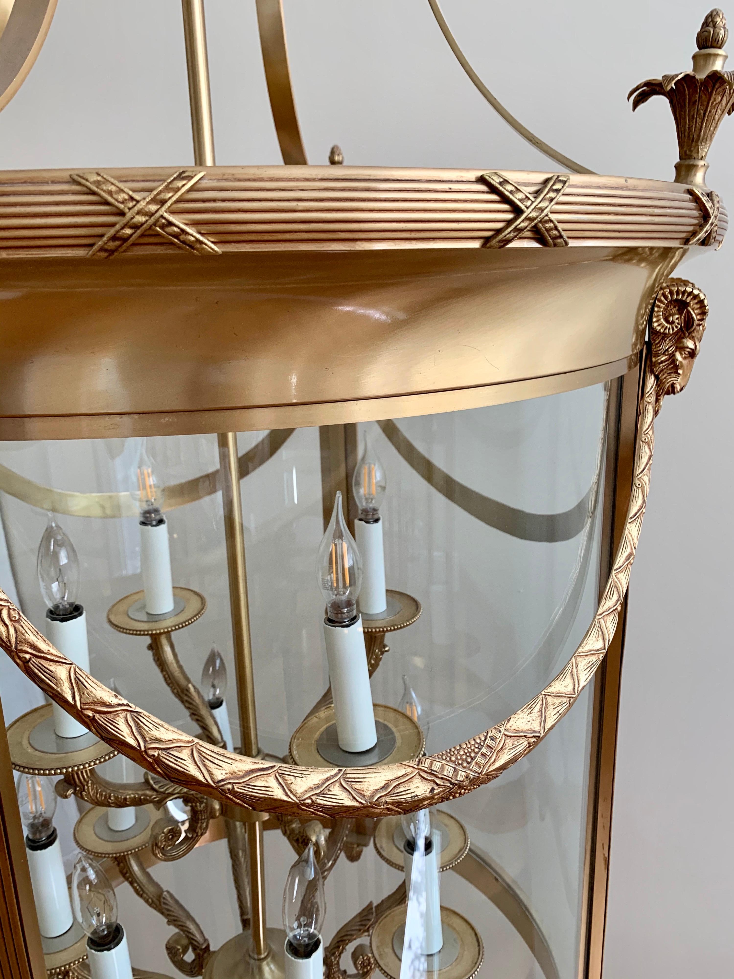 Large-Scale Foyer Brass Chandelier Cylinder Shaped with Twelve Lights In Good Condition In West Hartford, CT