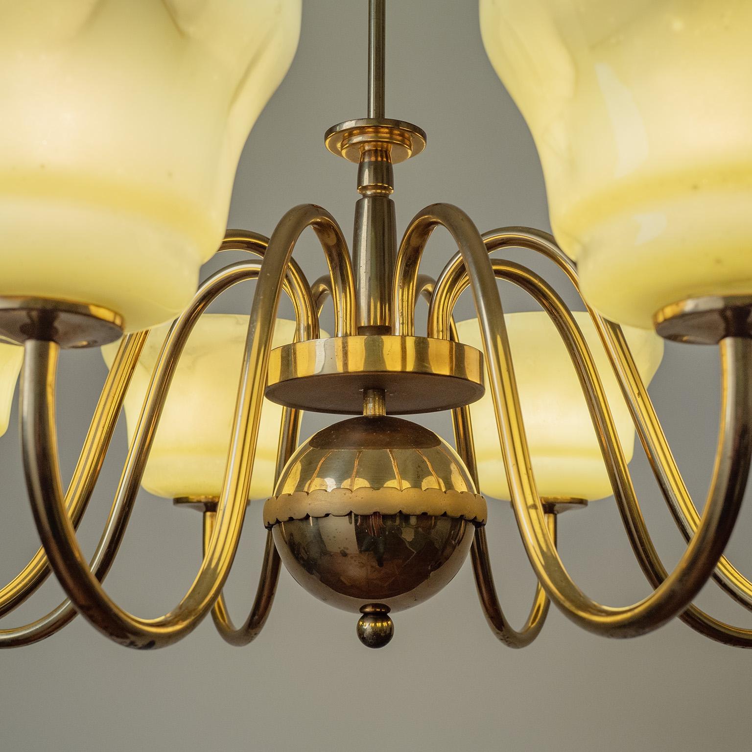 German Large Brass Chandelier with Enameled Glass Shades, 1940s For Sale