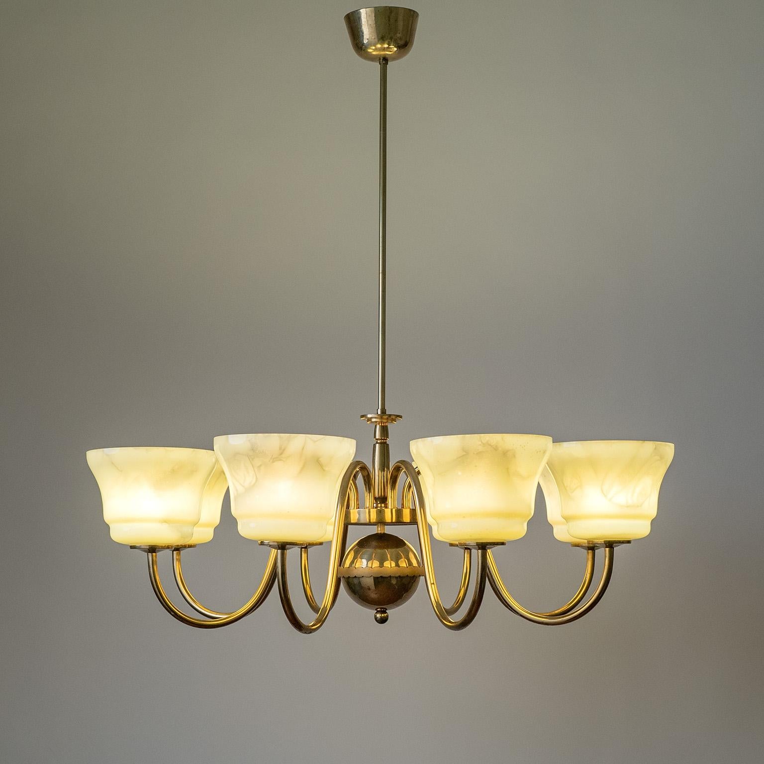 Large Brass Chandelier with Enameled Glass Shades, 1940s In Good Condition For Sale In Vienna, AT
