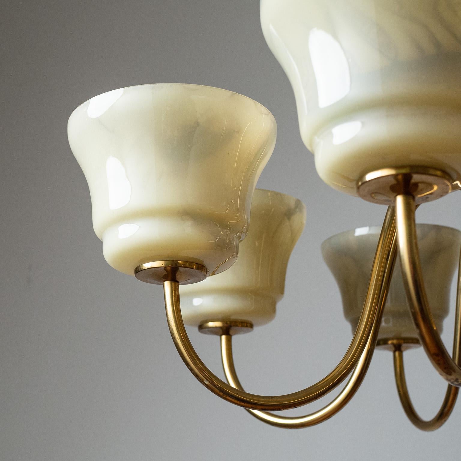Large Brass Chandelier with Enameled Glass Shades, 1940s For Sale 1
