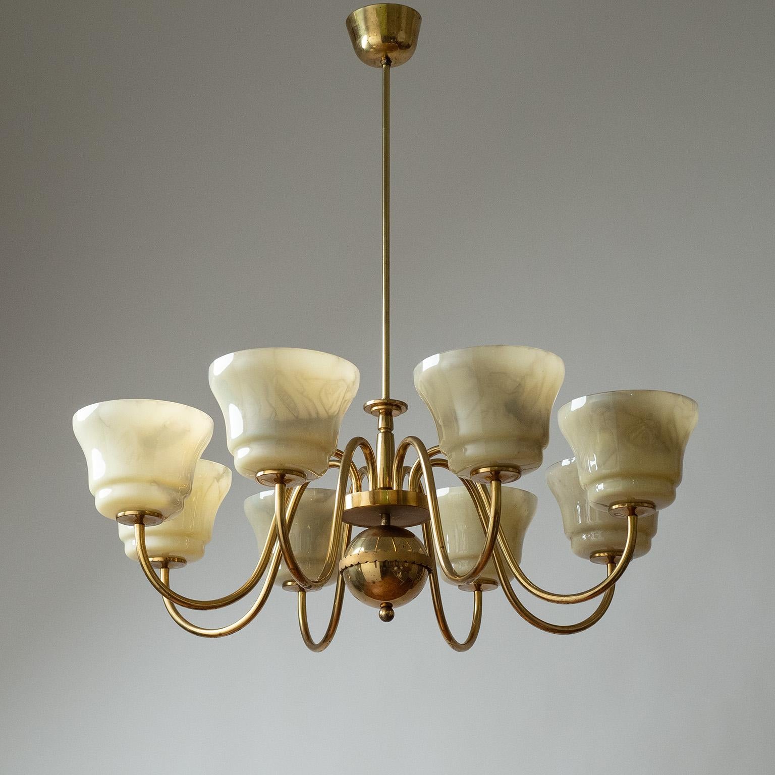 Large Brass Chandelier with Enameled Glass Shades, 1940s For Sale 2