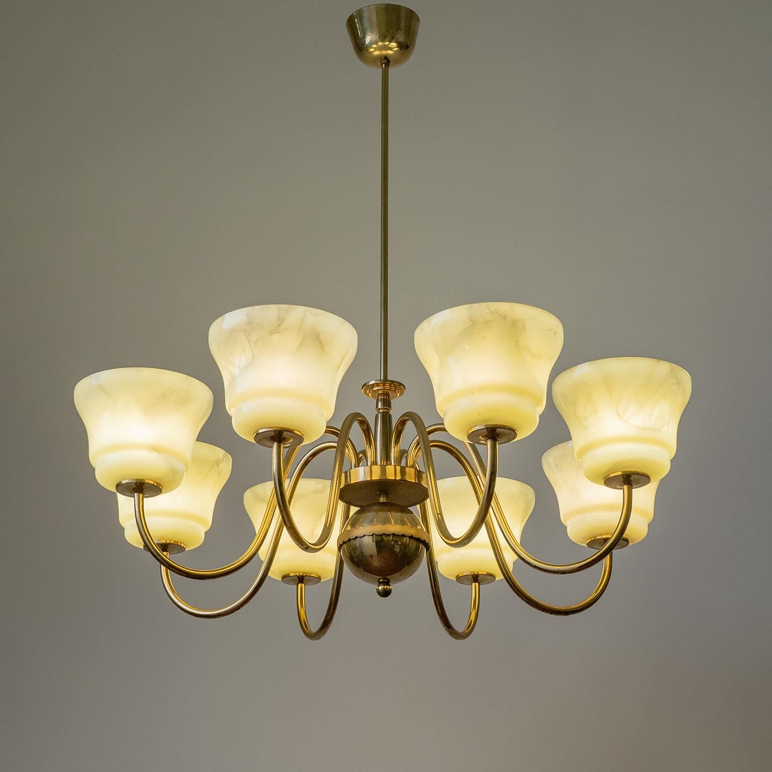 Large Brass Chandelier with Enameled Glass Shades, 1940s For Sale 3