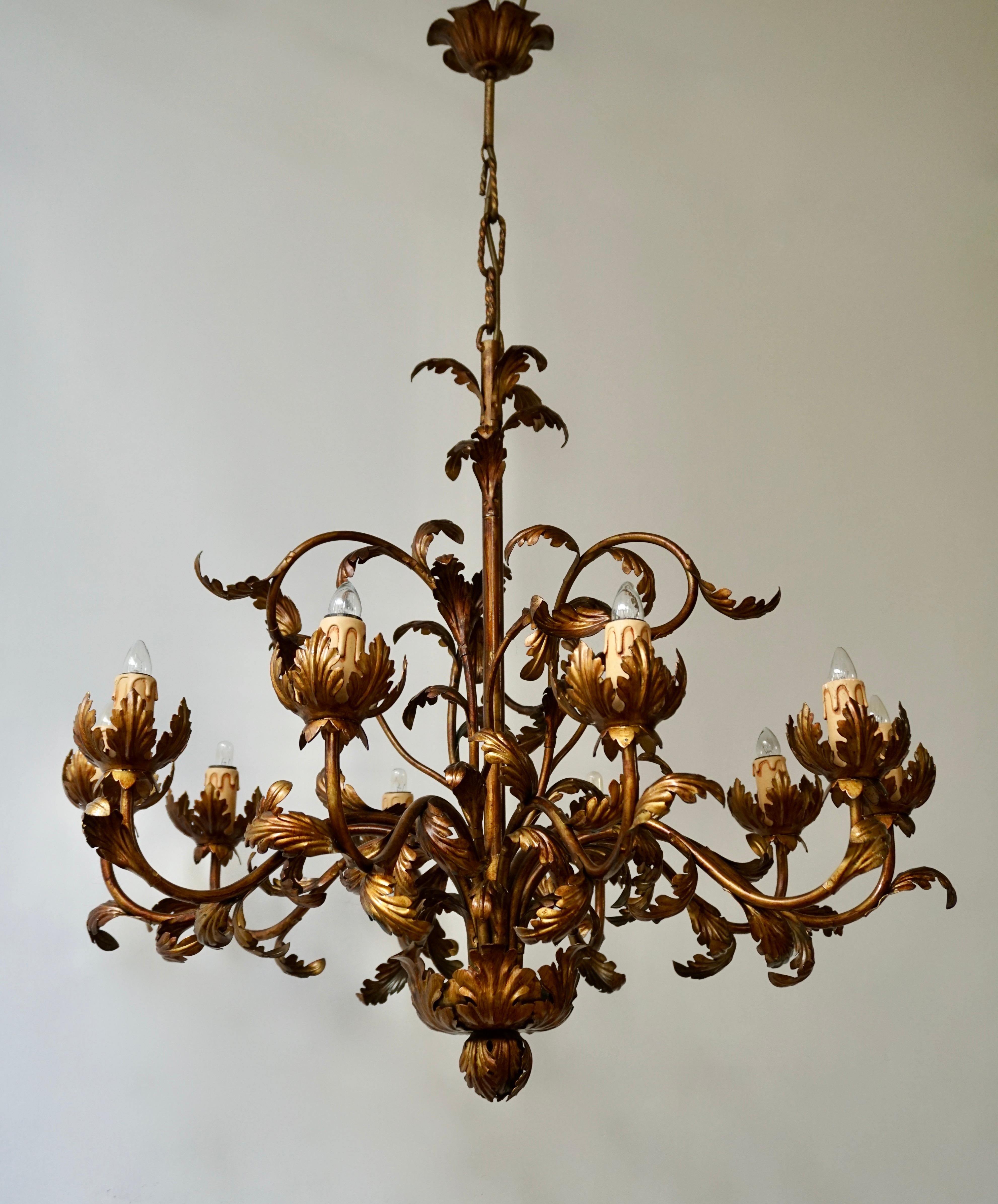 Hollywood Regency Large Brass Chandelier with Leaves