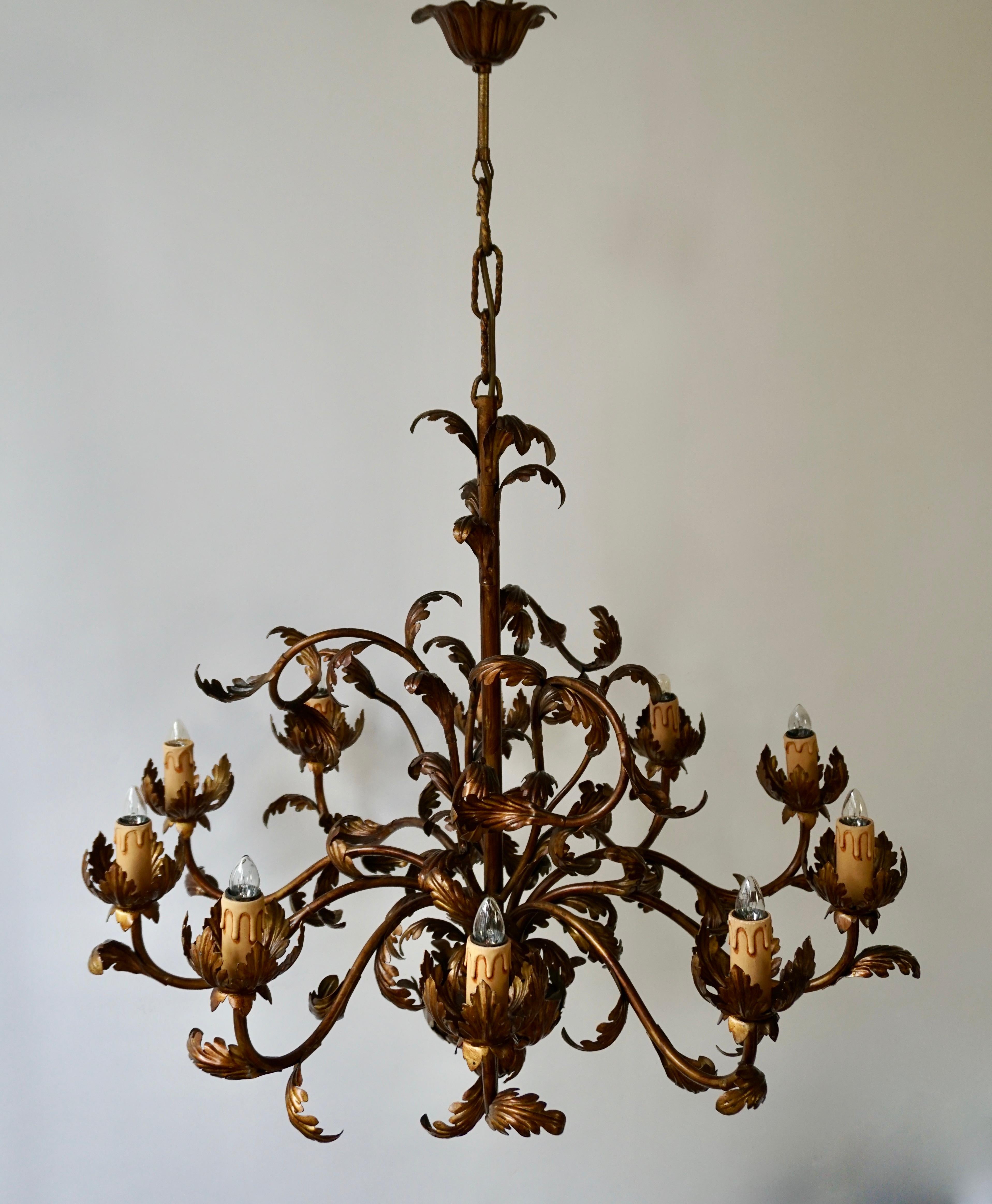 Italian Large Brass Chandelier with Leaves