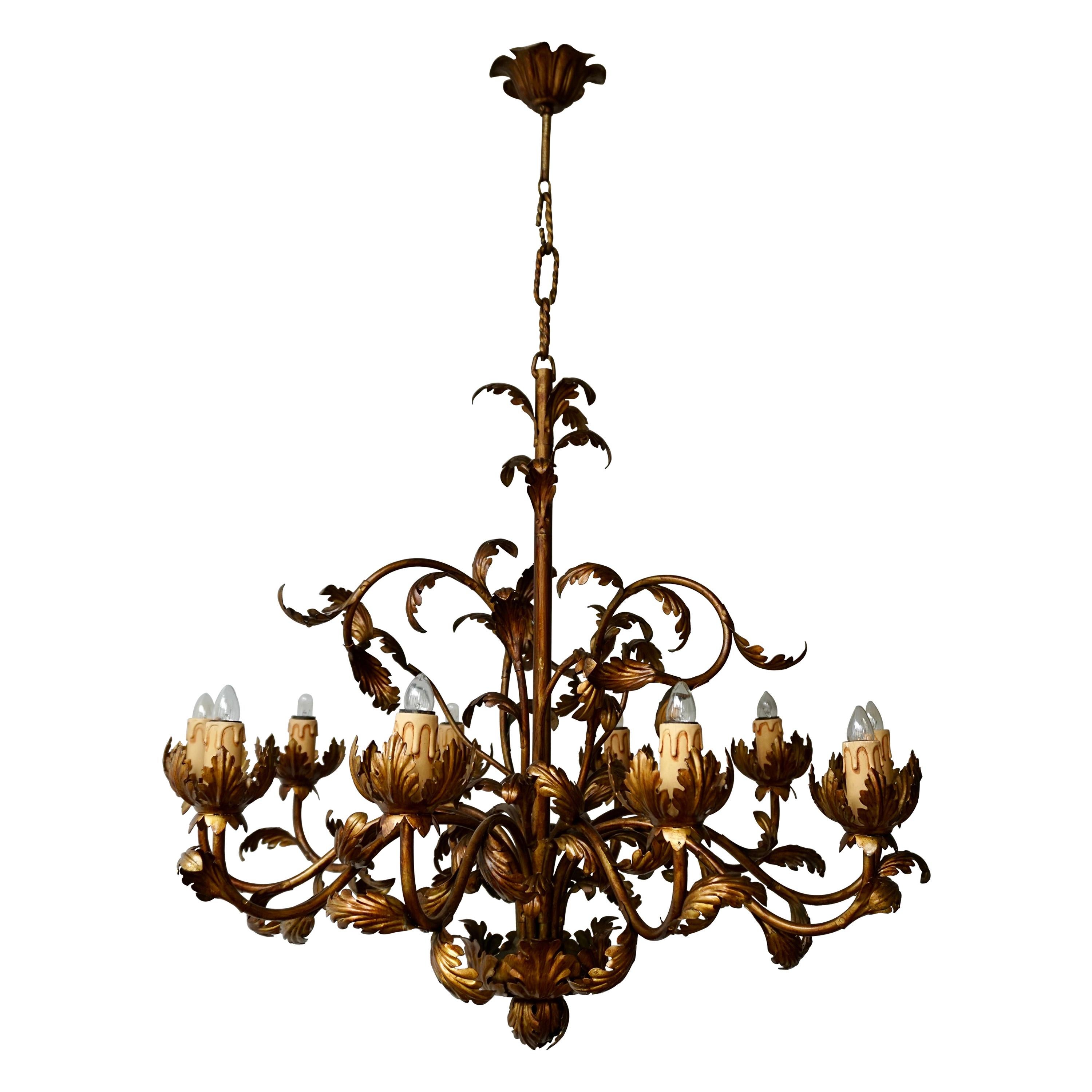 Large Brass Chandelier with Leaves