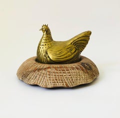 Large Brass Chicken in Wood Nest