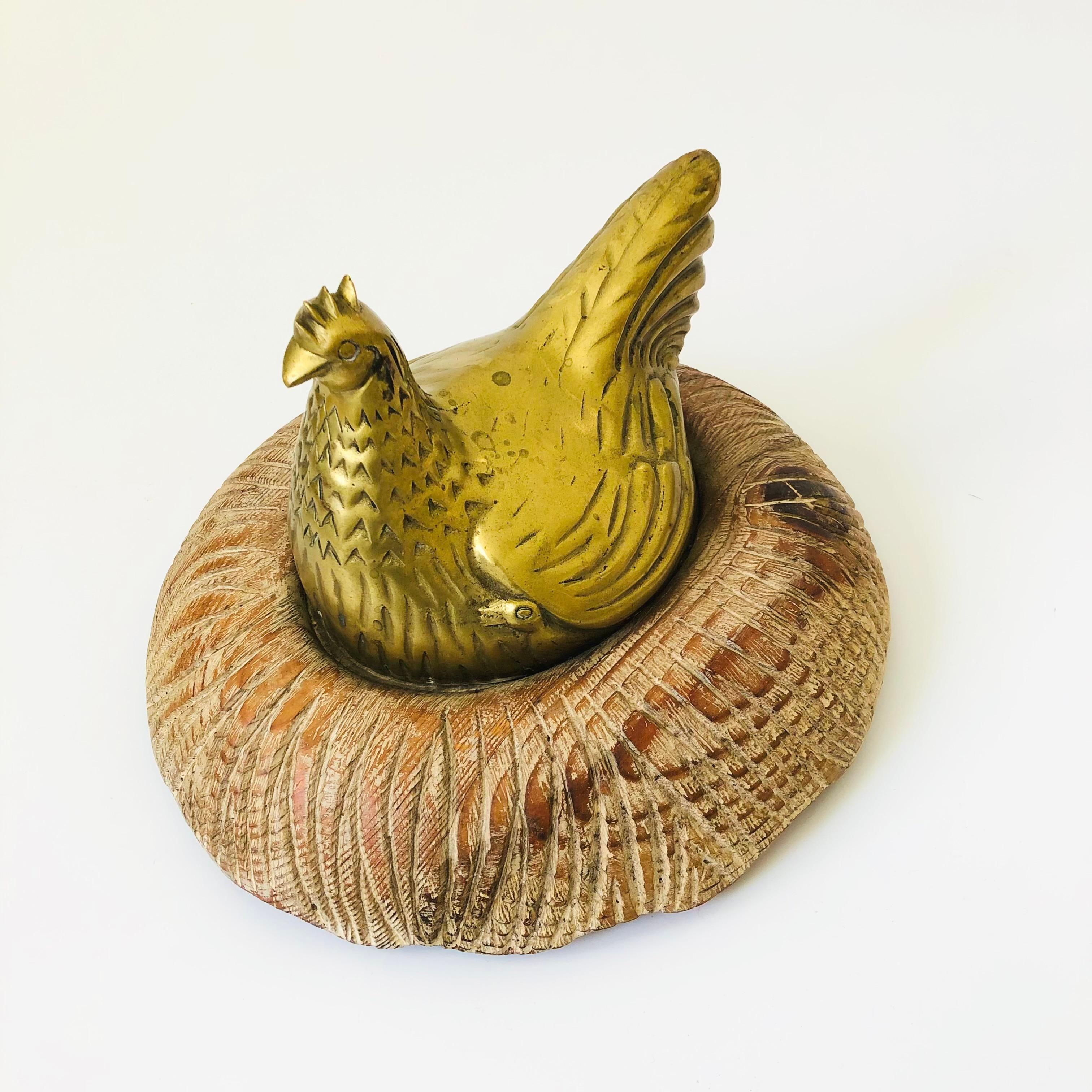 Hollywood Regency Large Brass Chicken in Wood Nest