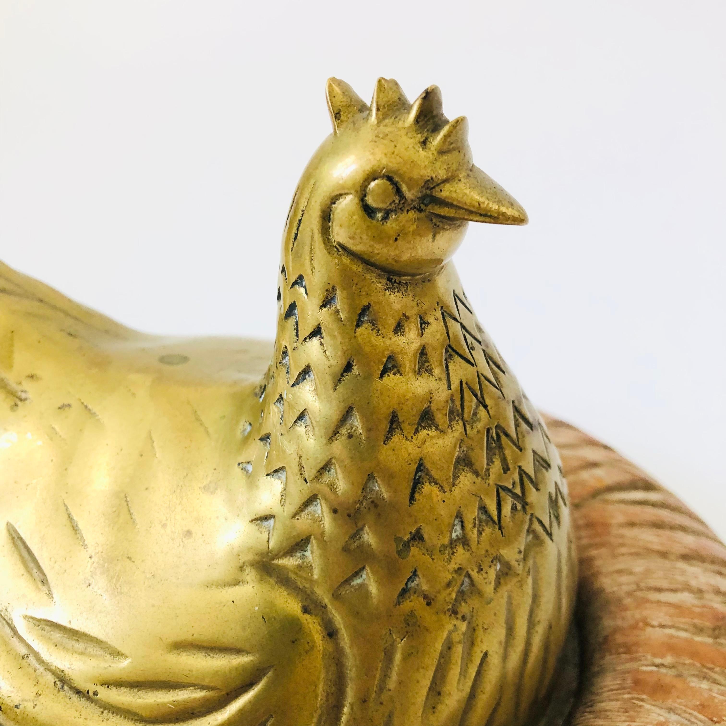 Large Brass Chicken in Wood Nest 1