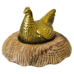 Large Brass Chicken in Wood Nest