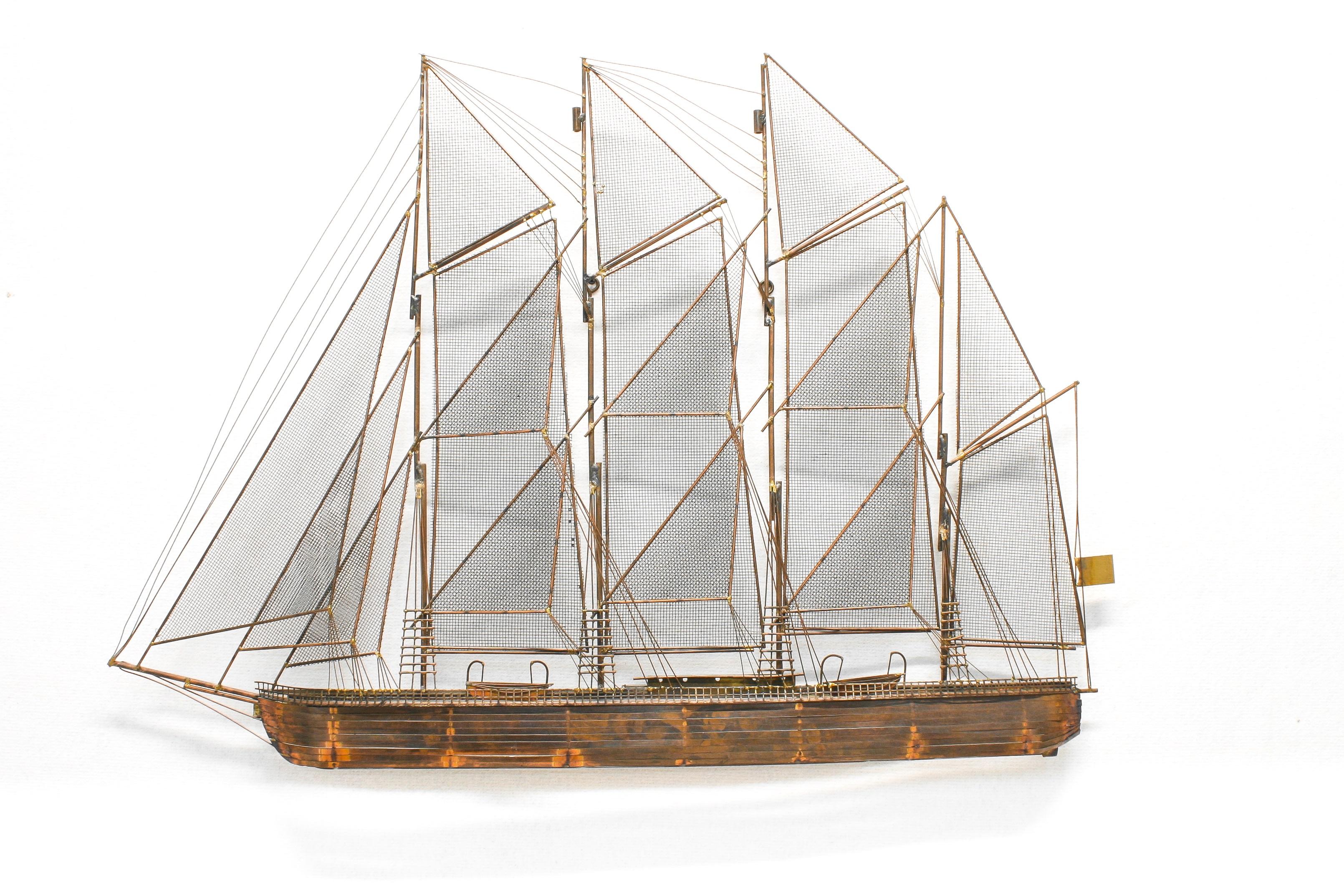 Minimalist Large Brass Clipper Ship Wall Sculpture by Curtis Jeré, 1970s For Sale