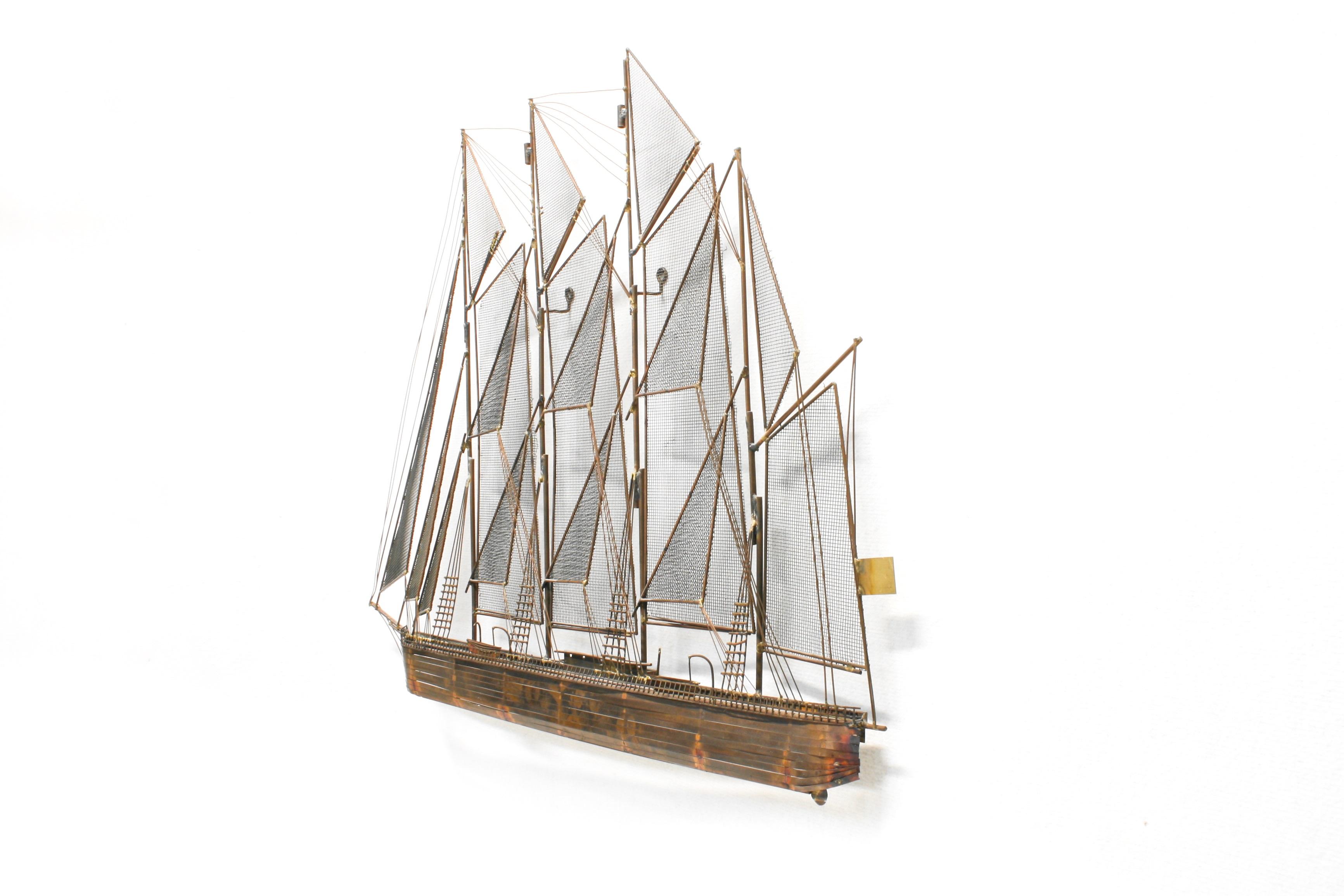 Large Brass Clipper Ship Wall Sculpture by Curtis Jeré, 1970s In Good Condition For Sale In Izegem, VWV
