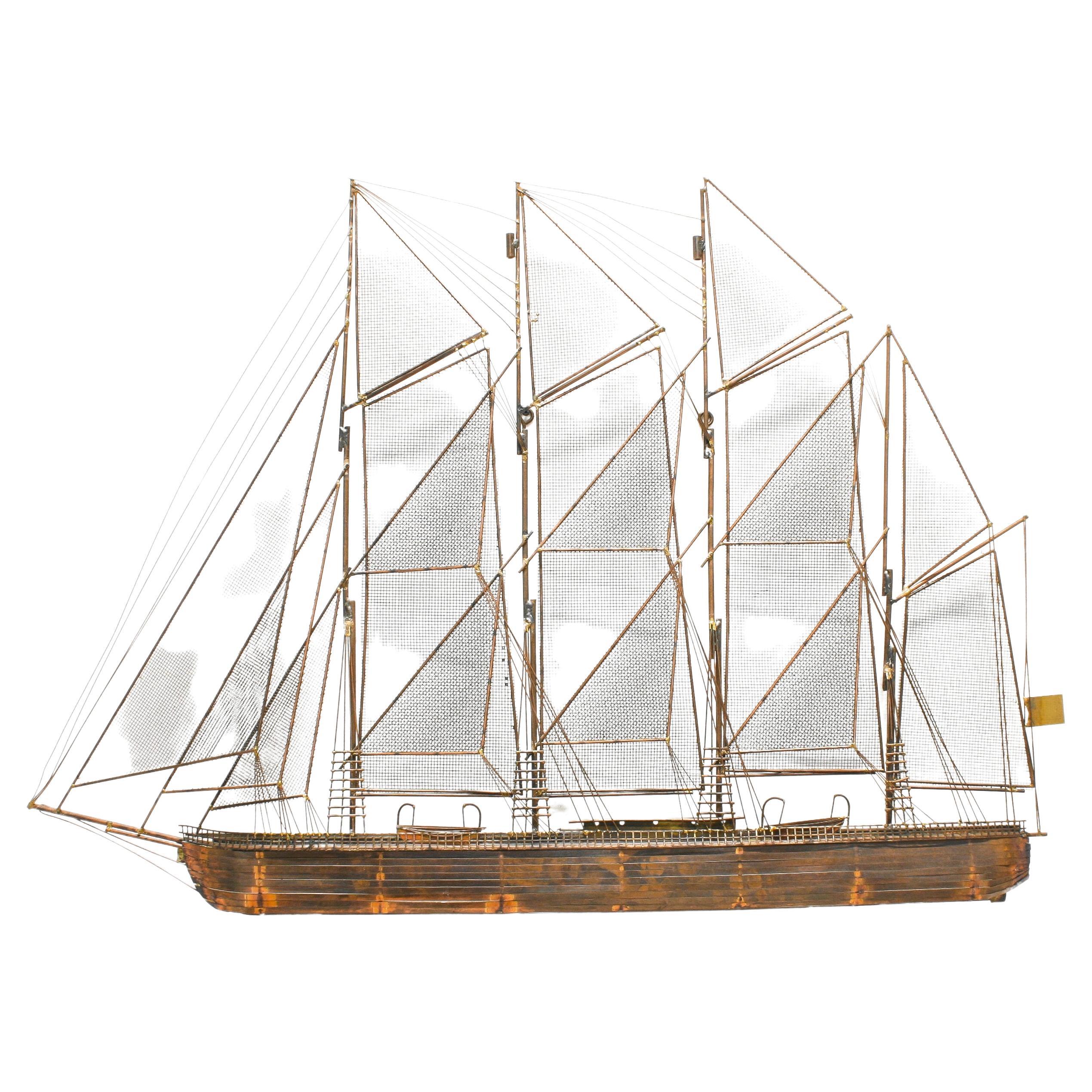 Large Brass Clipper Ship Wall Sculpture by Curtis Jeré, 1970s For Sale