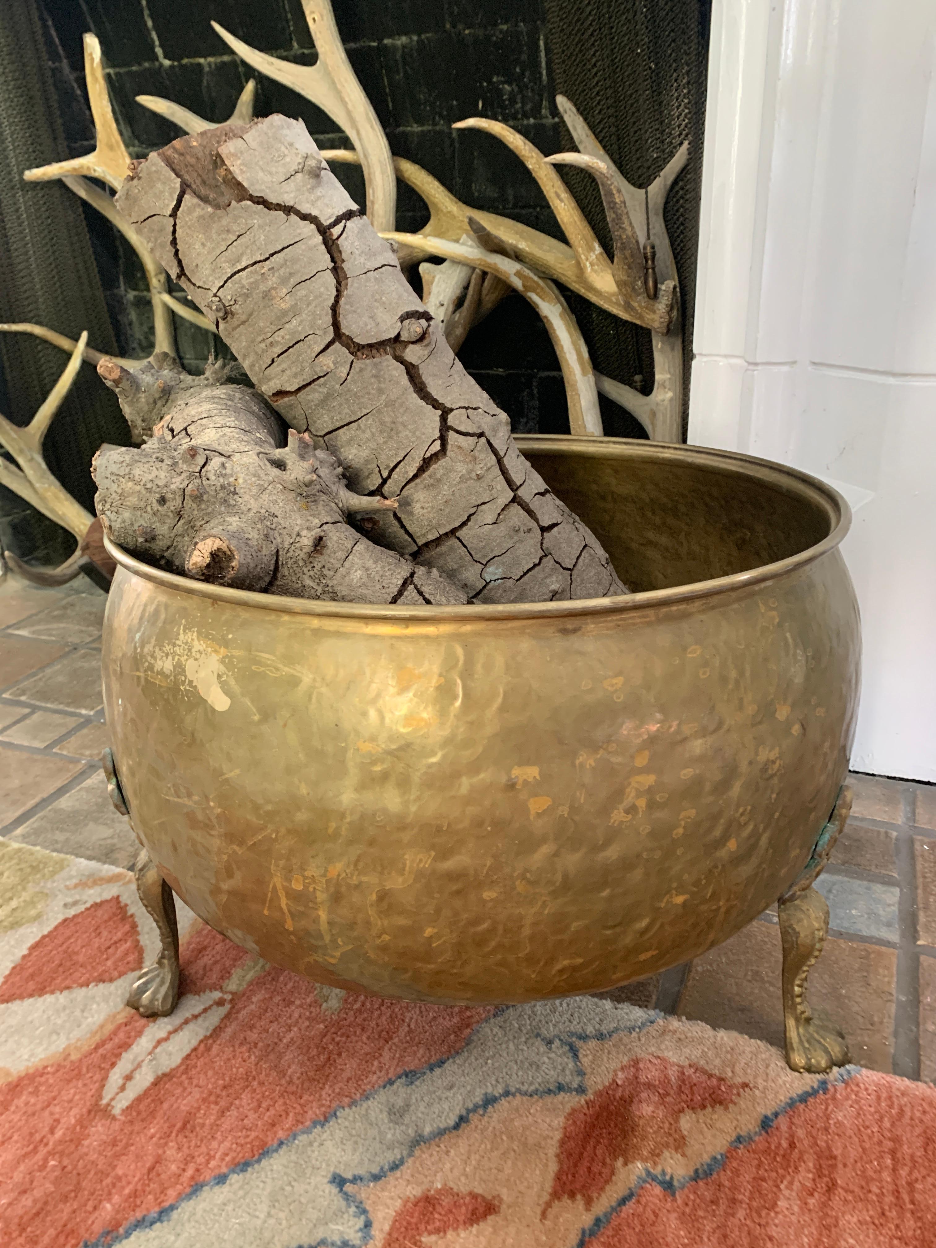 Large Brass Coal Wood Bin with Paw Feet from Holland - useful to hold wood or coal, kindling to twigs... for larger rooms, even as a centerpiece or gazing pond for the front door. The piece is solid brass and from Holland. The lion paws are a great