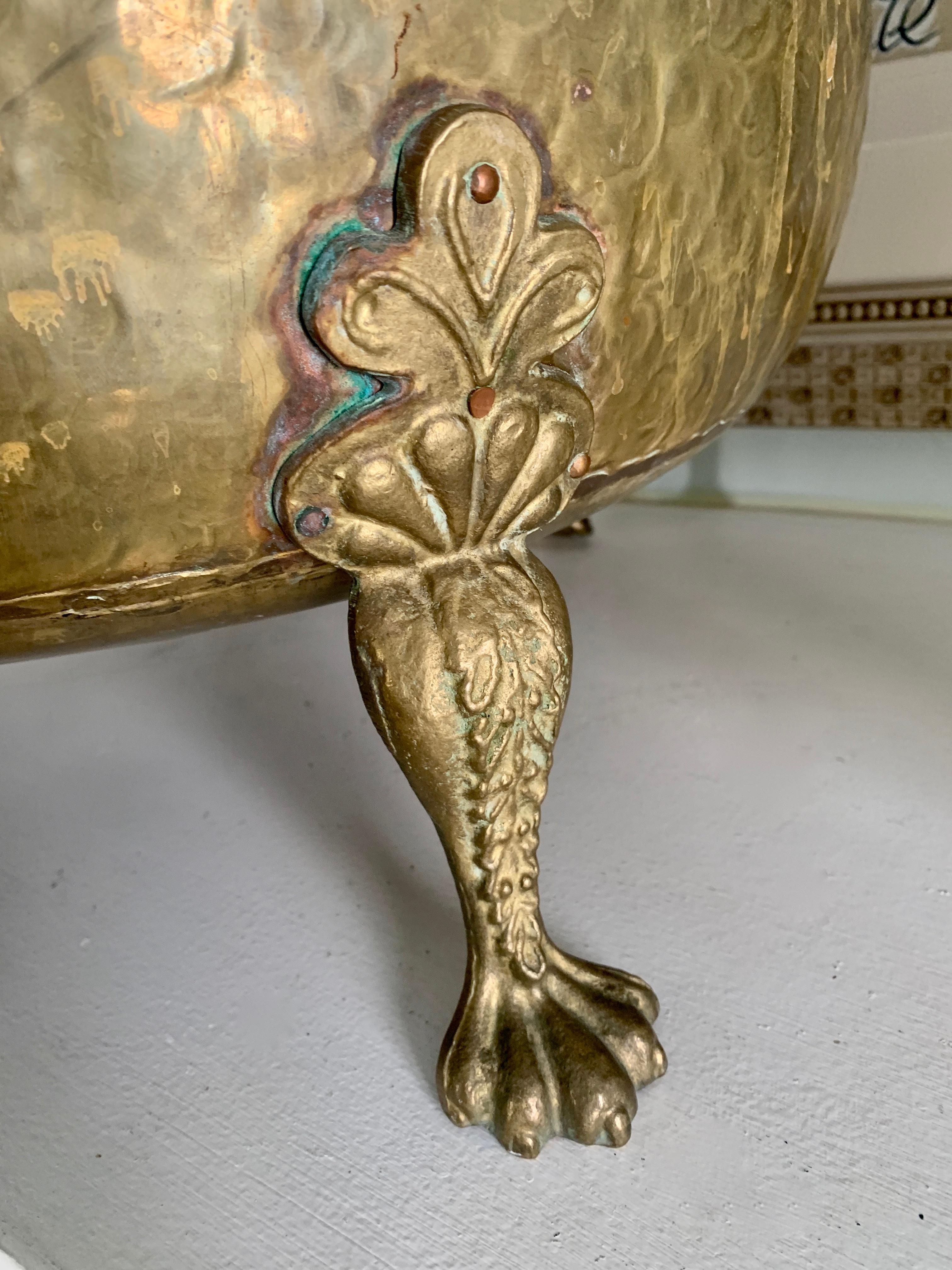 Hammered Large Brass Coal Wood Bin with Paw Feet from Holland