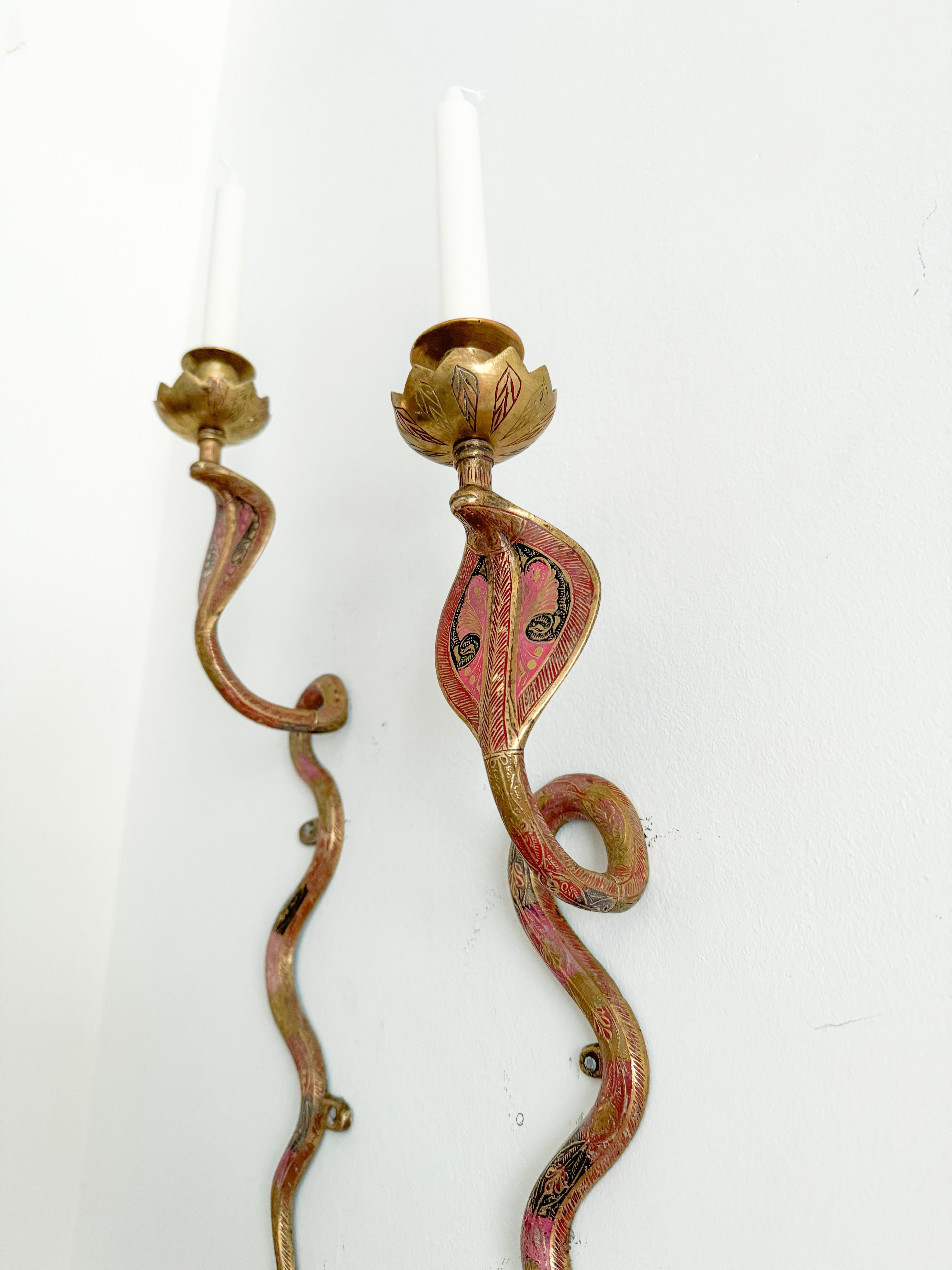 Egyptian Revival Large Brass Cobra Snake Wall Sconces Pair