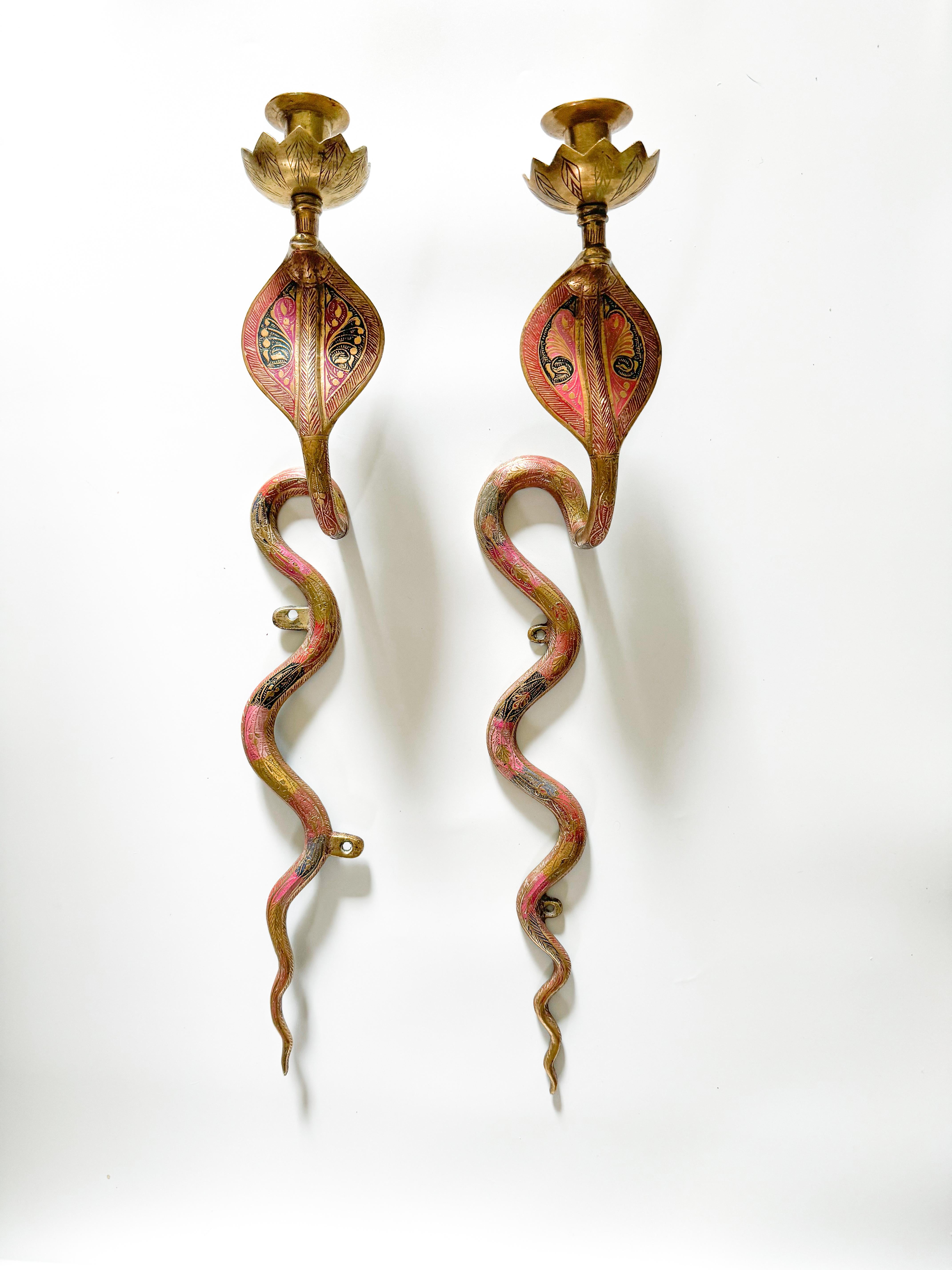 Unknown Large Brass Cobra Snake Wall Sconces Pair