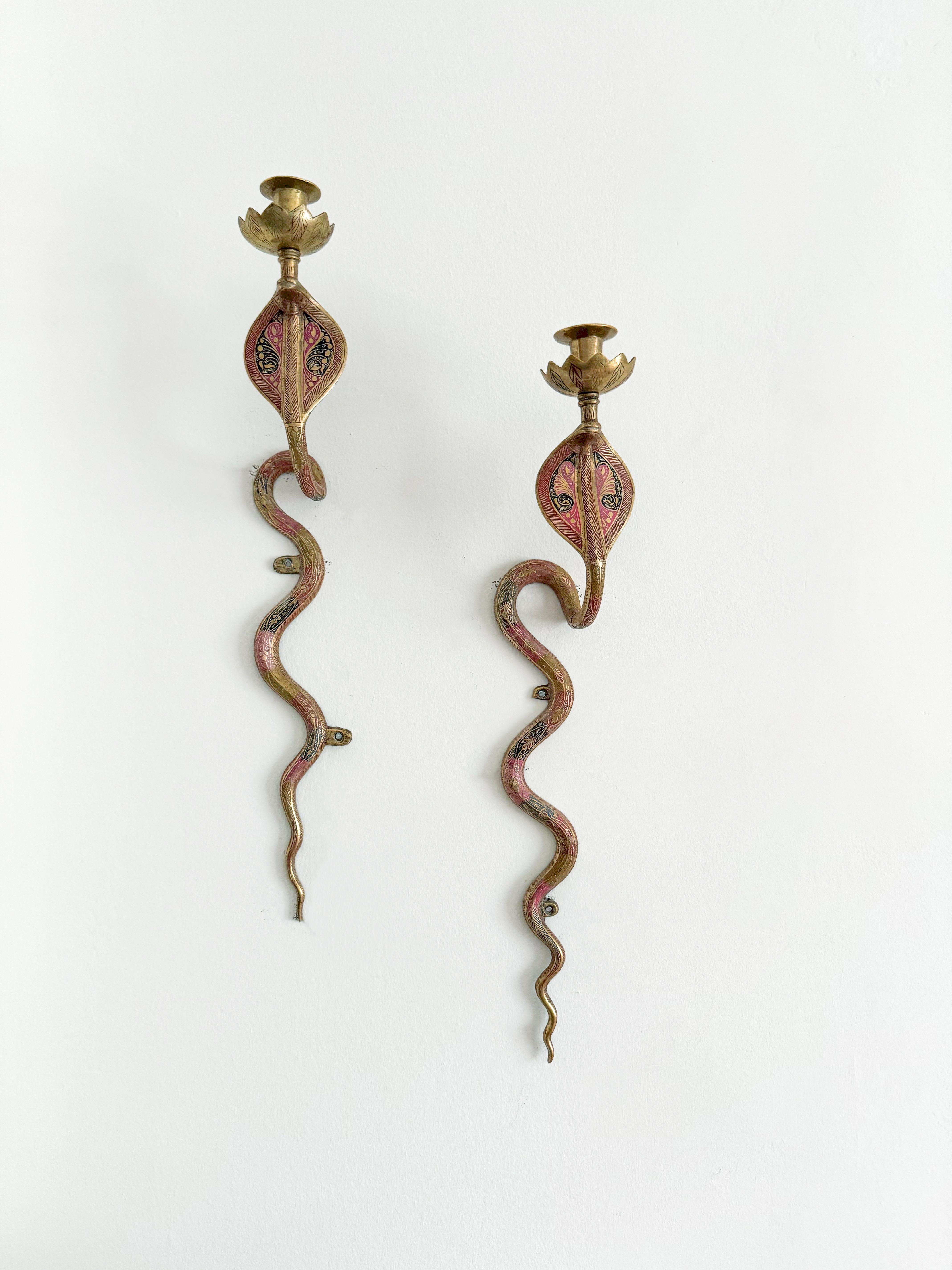 Engraved Large Brass Cobra Snake Wall Sconces Pair